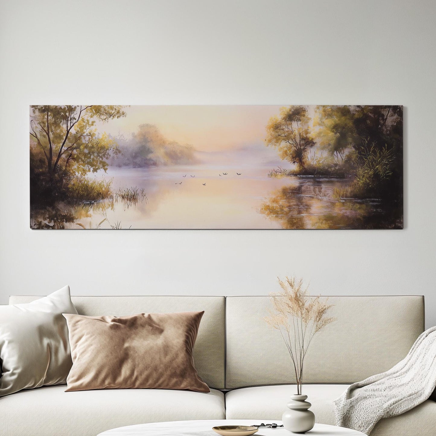 Calming Pond With Birds Panoramic Wall Art Lake Scene, Panorama Quiet Pond Canvas Print, Tranquil Decor Canvas Art