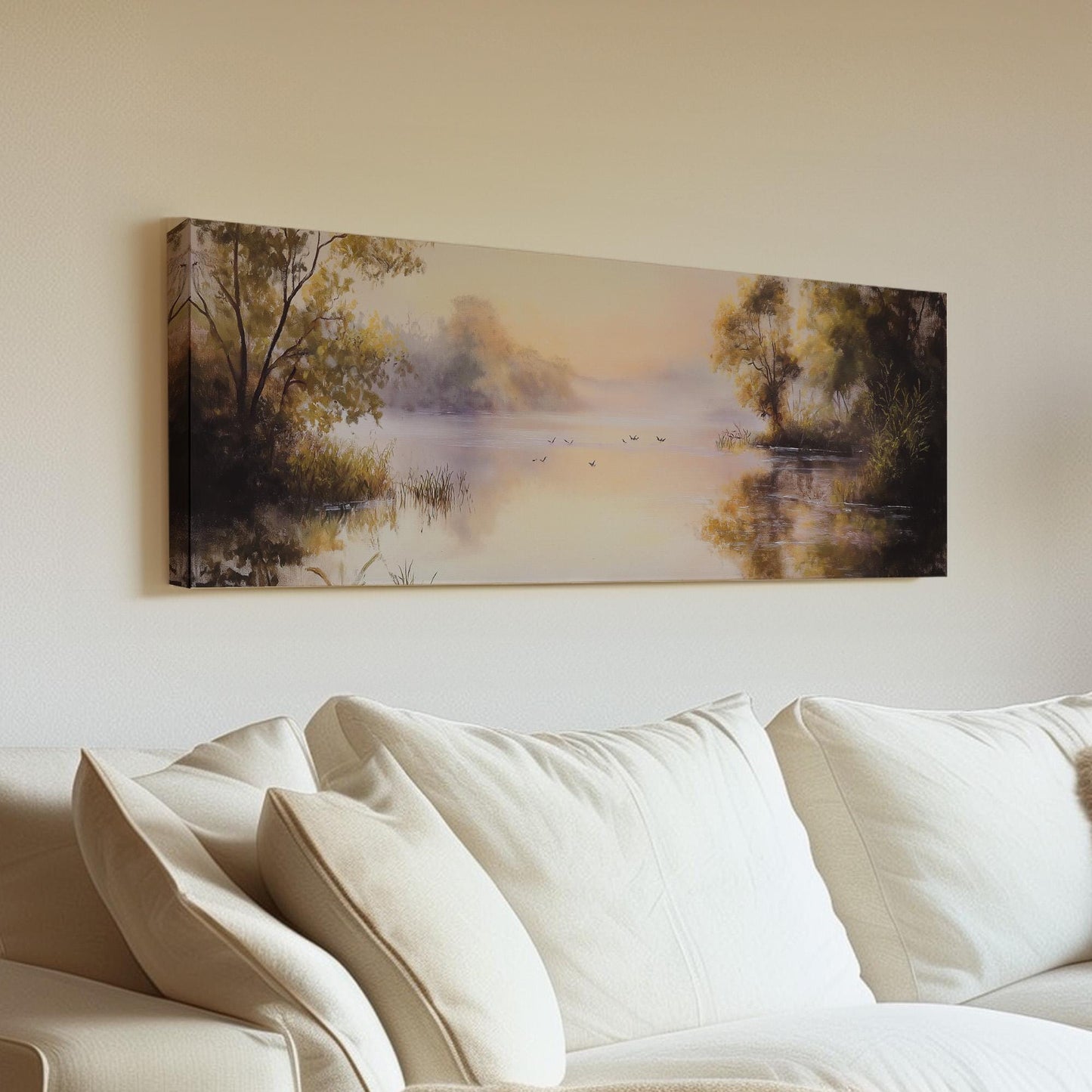 Calming Pond With Birds Panoramic Wall Art Lake Scene, Panorama Quiet Pond Canvas Print, Tranquil Decor Canvas Art
