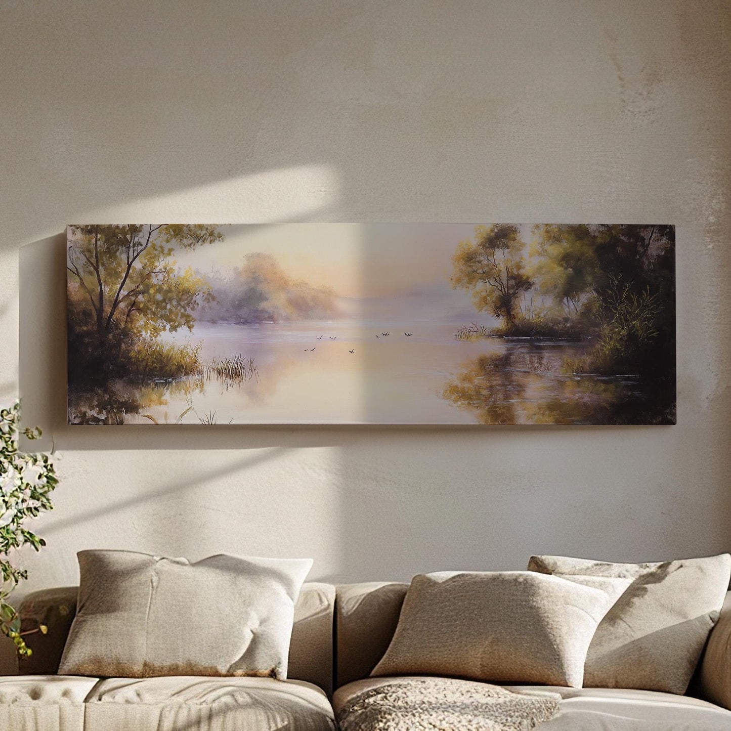 Calming Pond With Birds Panoramic Wall Art Lake Scene, Panorama Quiet Pond Canvas Print, Tranquil Decor Canvas Art