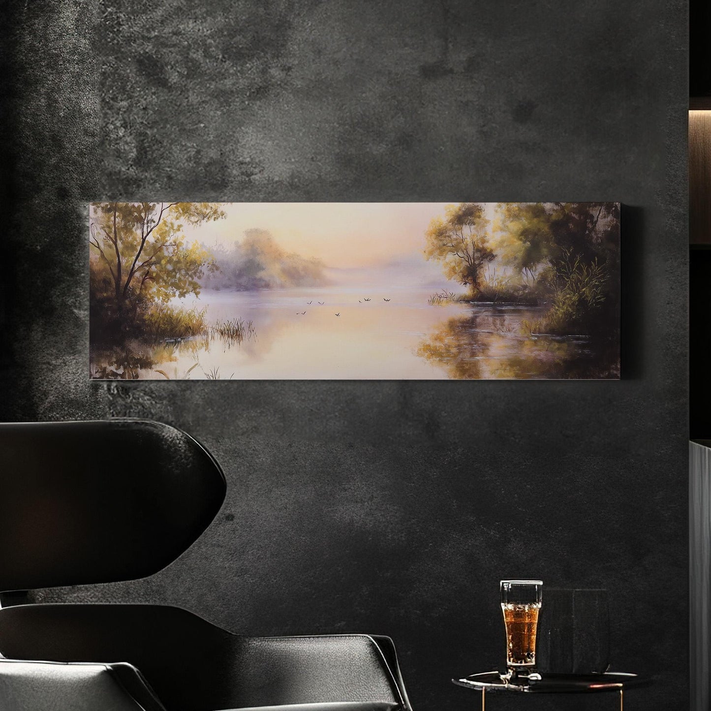 Calming Pond With Birds Panoramic Wall Art Lake Scene, Panorama Quiet Pond Canvas Print, Tranquil Decor Canvas Art