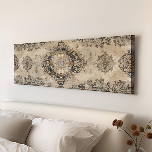 Beige Tapestry Panoramic Wall Art for Above Bed, Panorama Moroccan Canvas Print, Boho Textile Decor Canvas Art