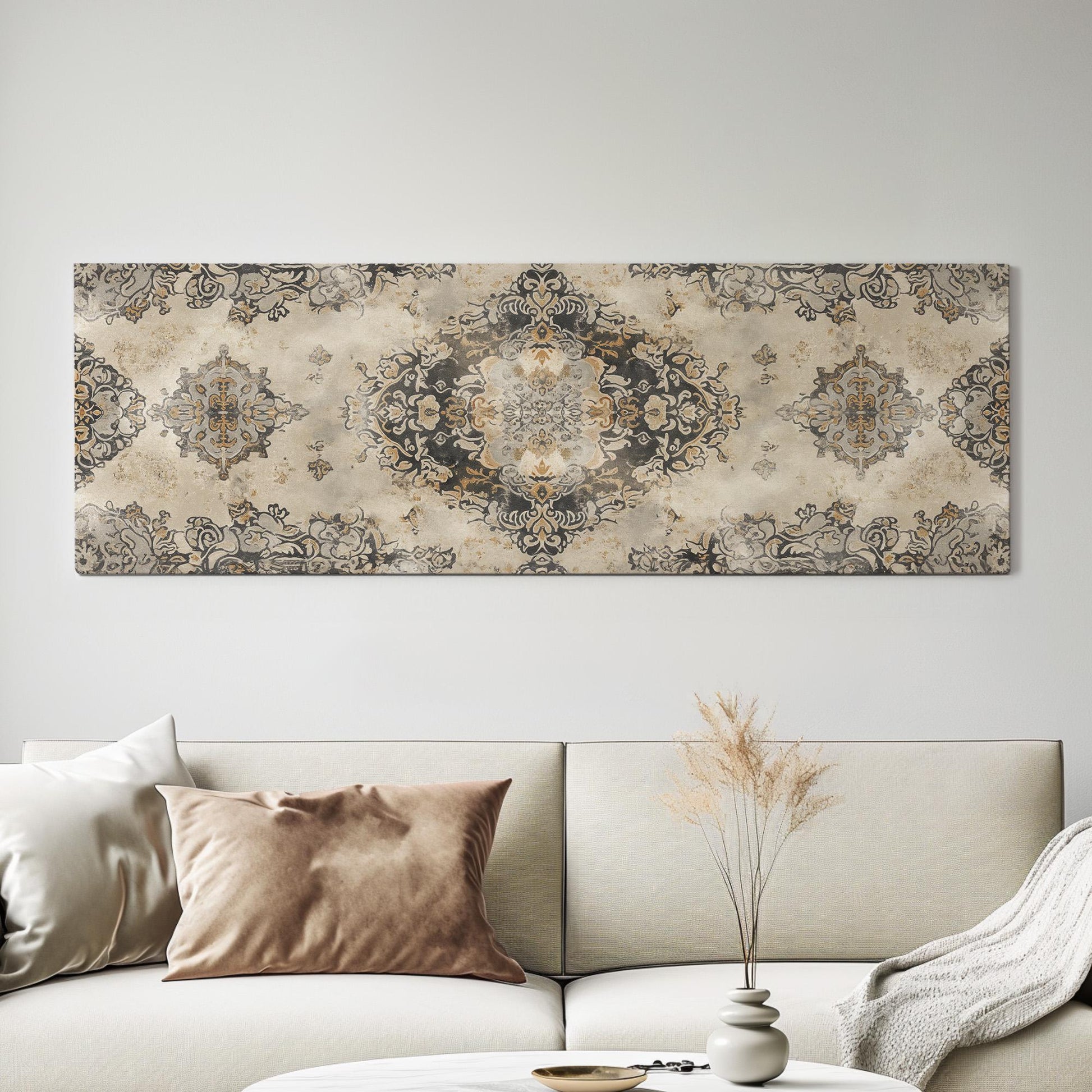 Beige Tapestry Panoramic Wall Art for Above Bed, Panorama Moroccan Canvas Print, Boho Textile Decor Canvas Art