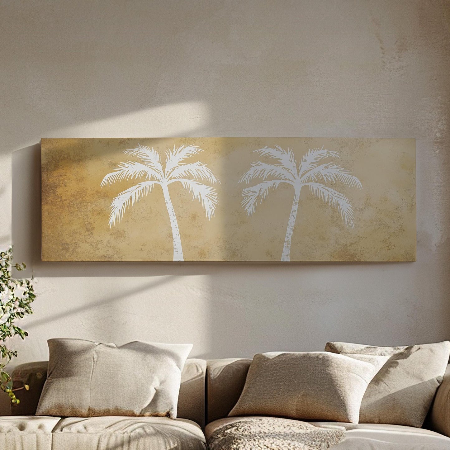 Beige Minimal Palm Tree Panoramic Wall Art Tropical, Panorama Boho Canvas Print, Palm Leaves Decor Canvas Art