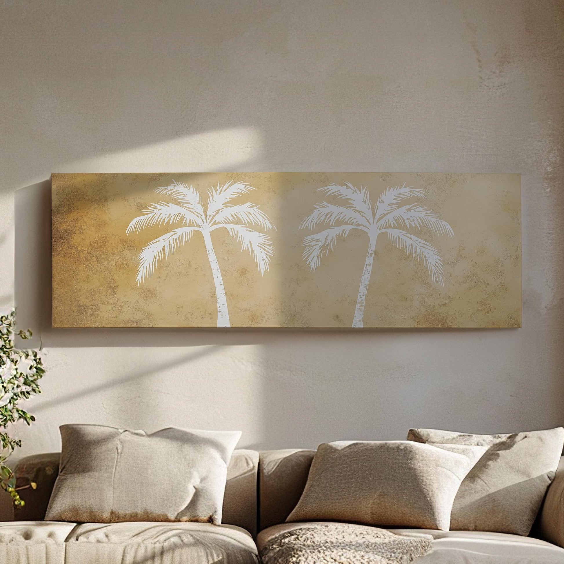 Beige Minimal Palm Tree Panoramic Wall Art Tropical, Panorama Boho Canvas Print, Palm Leaves Decor Canvas Art