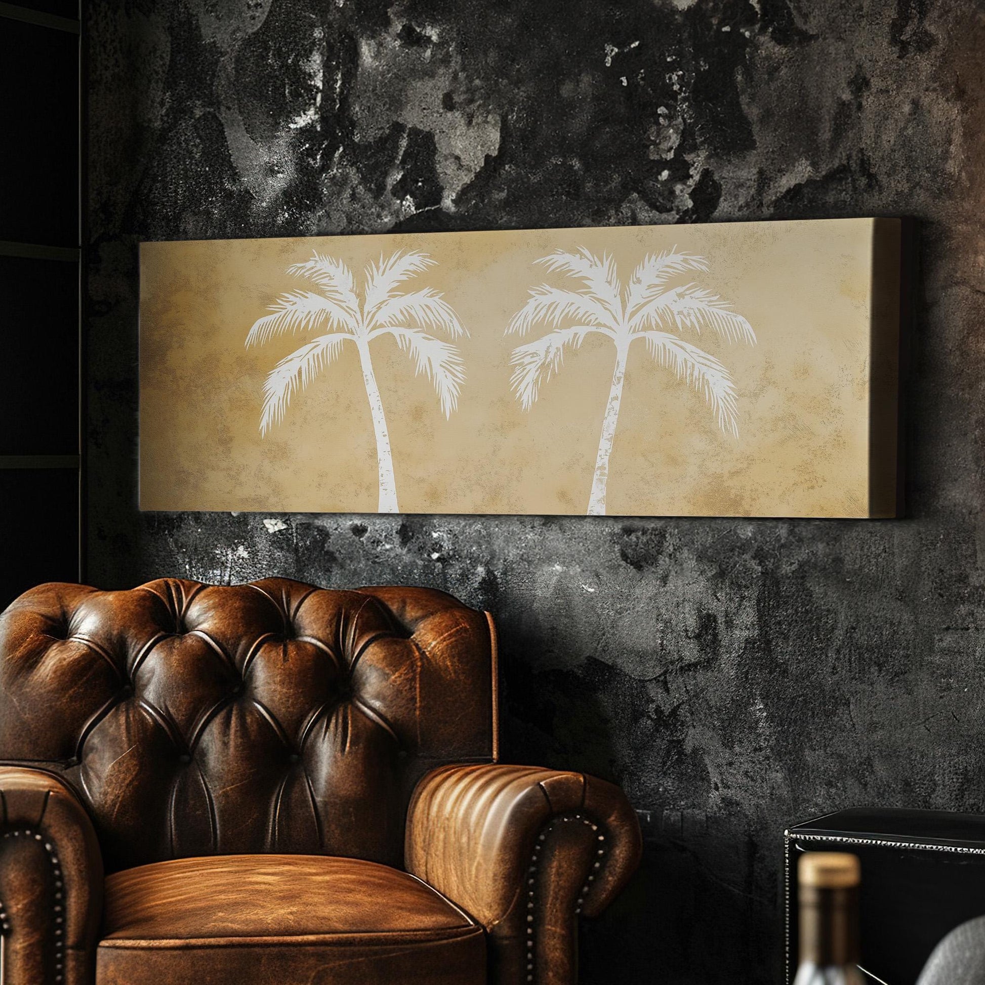 Beige Minimal Palm Tree Panoramic Wall Art Tropical, Panorama Boho Canvas Print, Palm Leaves Decor Canvas Art