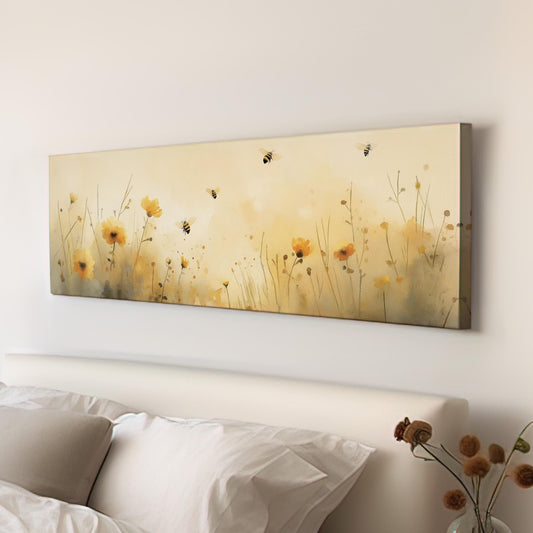 Bees On The Golden Field Panoramic Wall Art Bumble Bee, Panorama Cottagecore Vibe Canvas Print, Mid Century Decor Canvas Art