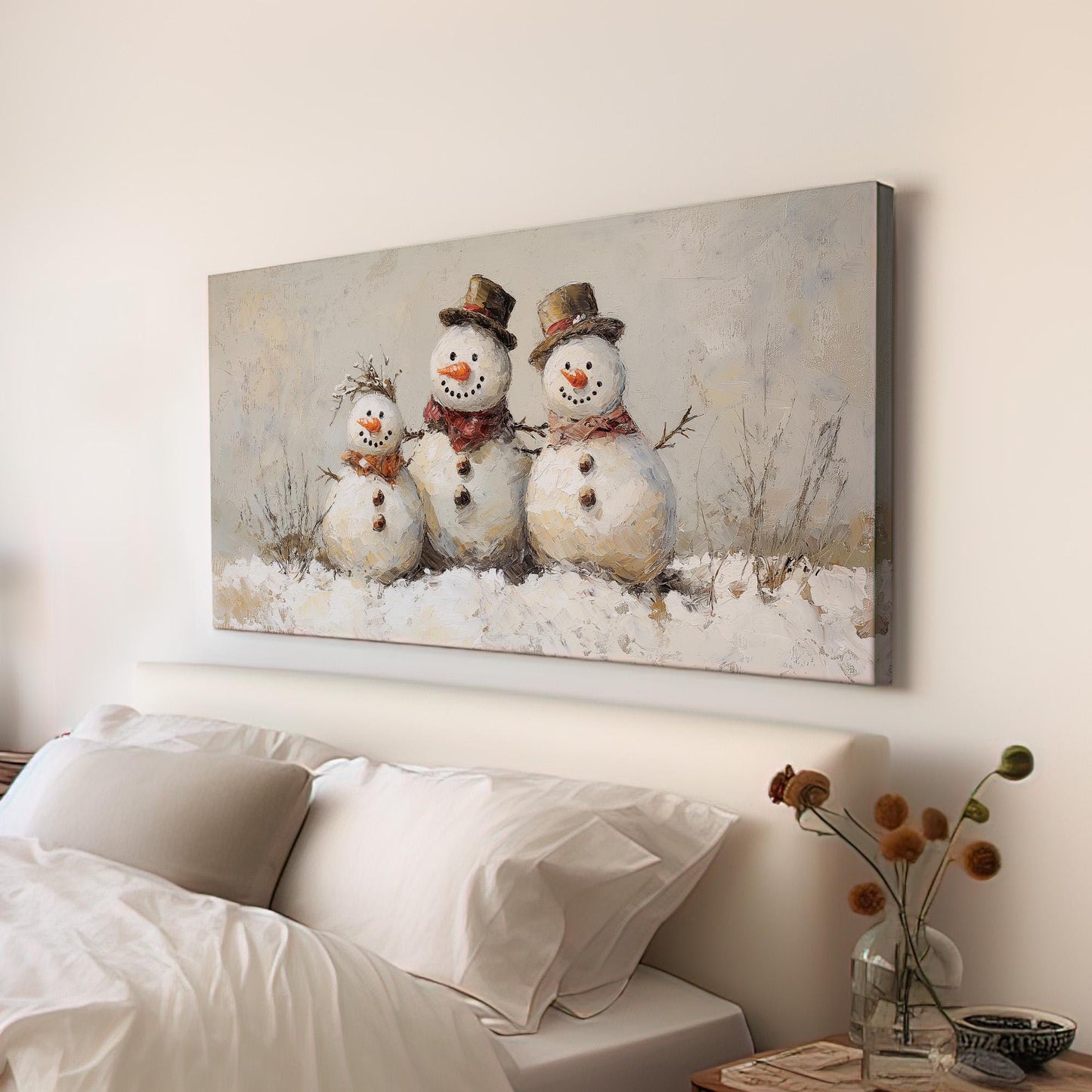 Snowmen Family Canvas Wall Art For Living Room, Landscape Winter Canvas Print, Farmhouse Large Canvas Art