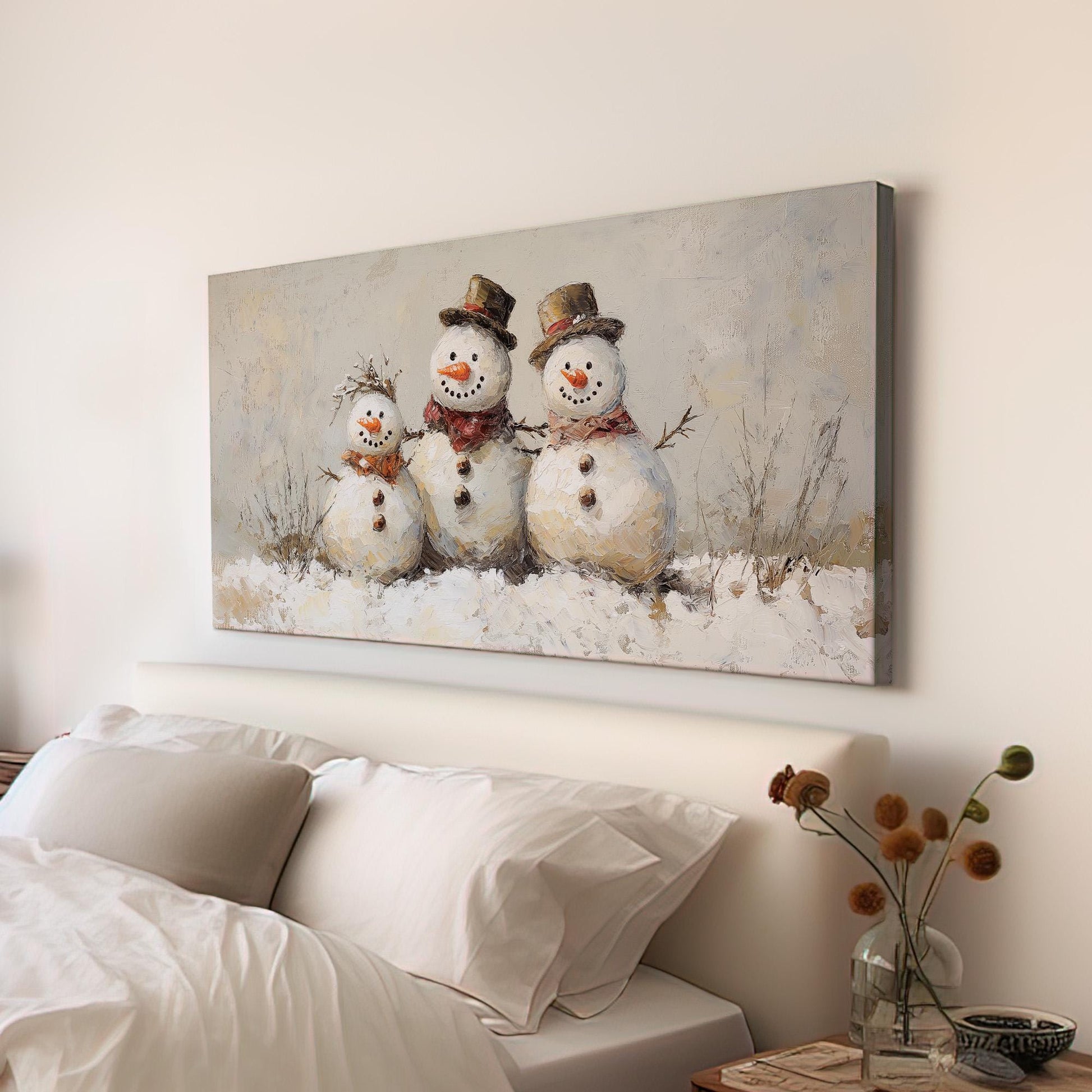 Snowmen Family Canvas Wall Art For Living Room, Landscape Winter Canvas Print, Farmhouse Large Canvas Art