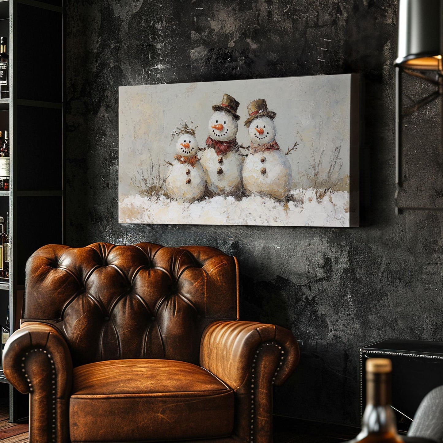 Snowmen Family Canvas Wall Art For Living Room, Landscape Winter Canvas Print, Farmhouse Large Canvas Art