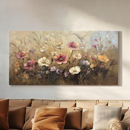 Rustic Wildflowers Canvas Wall Art For Living Room, Landscape Wildflower Meadow Canvas Print, Vintage Large Canvas Art