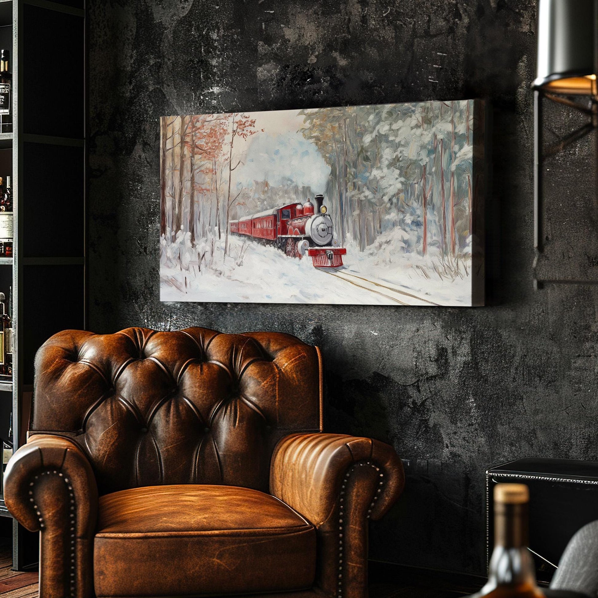 Red Train In Winter Snow Canvas Wall Art For Living Room, Landscape Railroad Canvas Print, Vintage Large Canvas Art