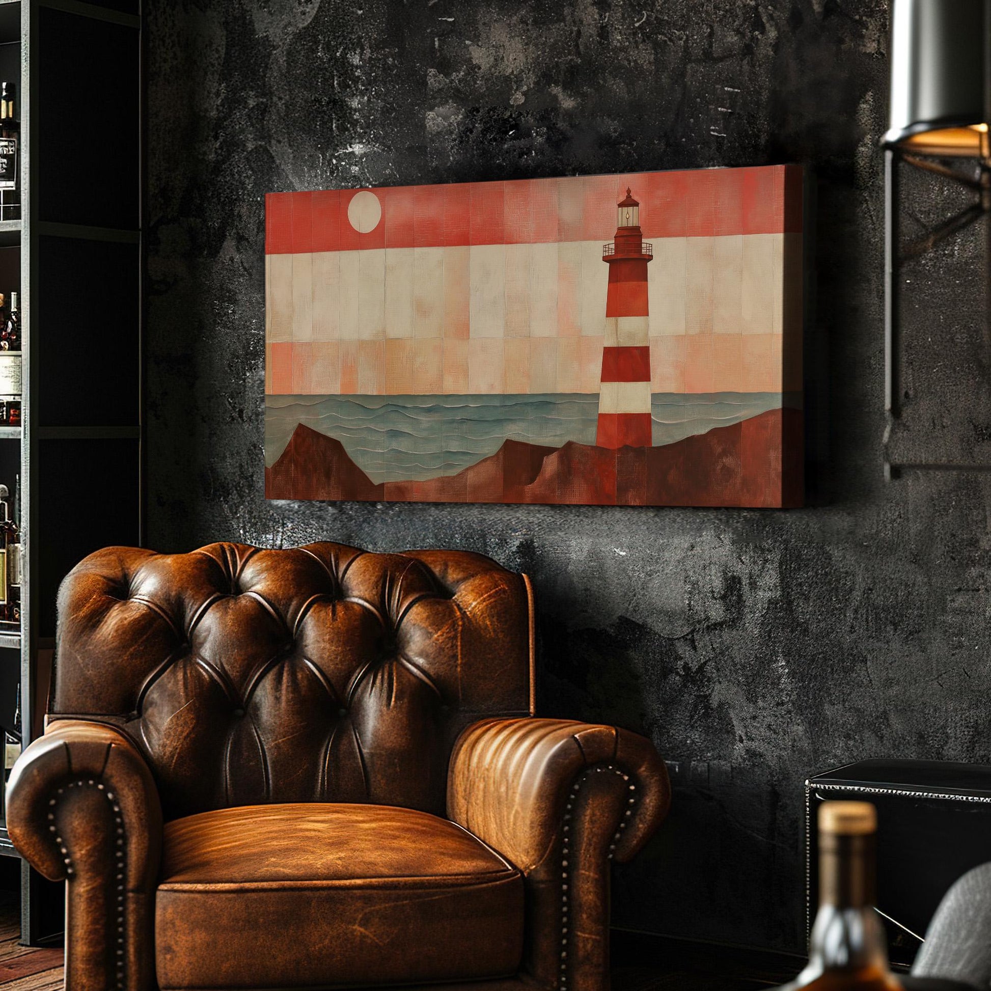 Red Lighthouse By The Ocean Canvas Wall Art For Living Room, Landscape Boathouse Canvas Print, Sea Coast Large Canvas Art