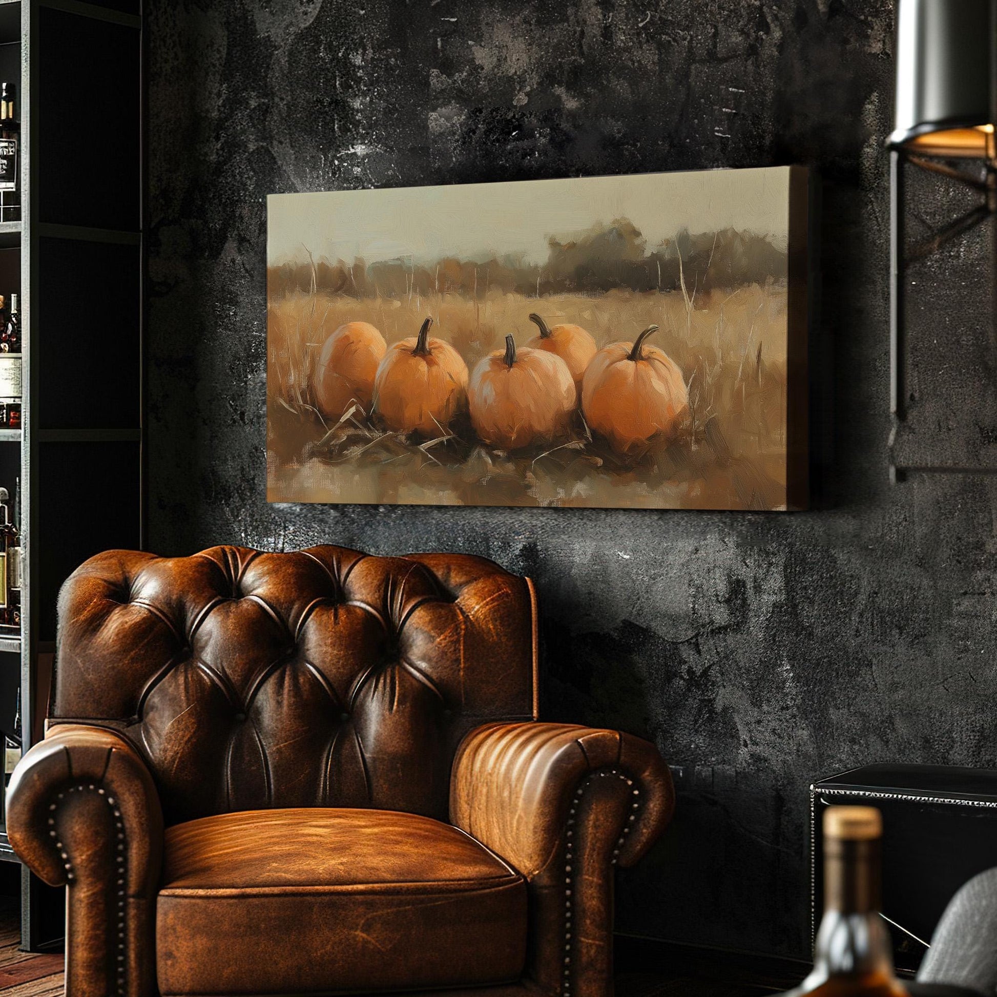 Pumpkins In The Field Canvas Wall Art For Living Room, Landscape Cozy Autumn Canvas Print, Rustic Fall Large Canvas Art