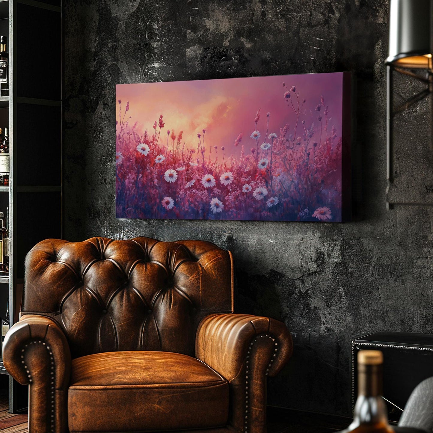 Pink Wildflower Meadow  Canvas Wall Art For Living Room, Landscape Wildflower Field Canvas Print, Vintage Large Canvas Art