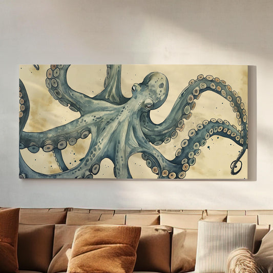 Moody Octopus Canvas Wall Art For Living Room, Landscape Nautical Canvas Print, Beach House Large Canvas Art