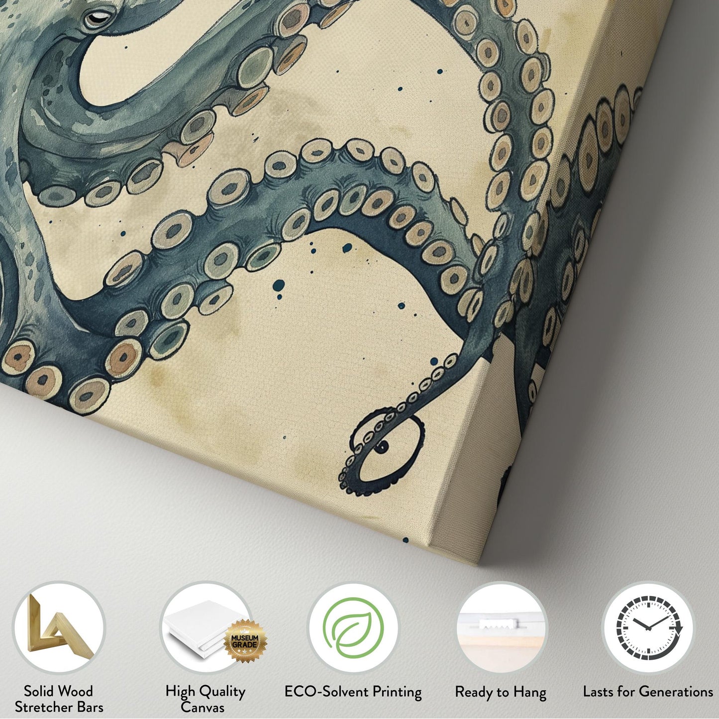 Moody Octopus Canvas Wall Art For Living Room, Landscape Nautical Canvas Print, Beach House Large Canvas Art