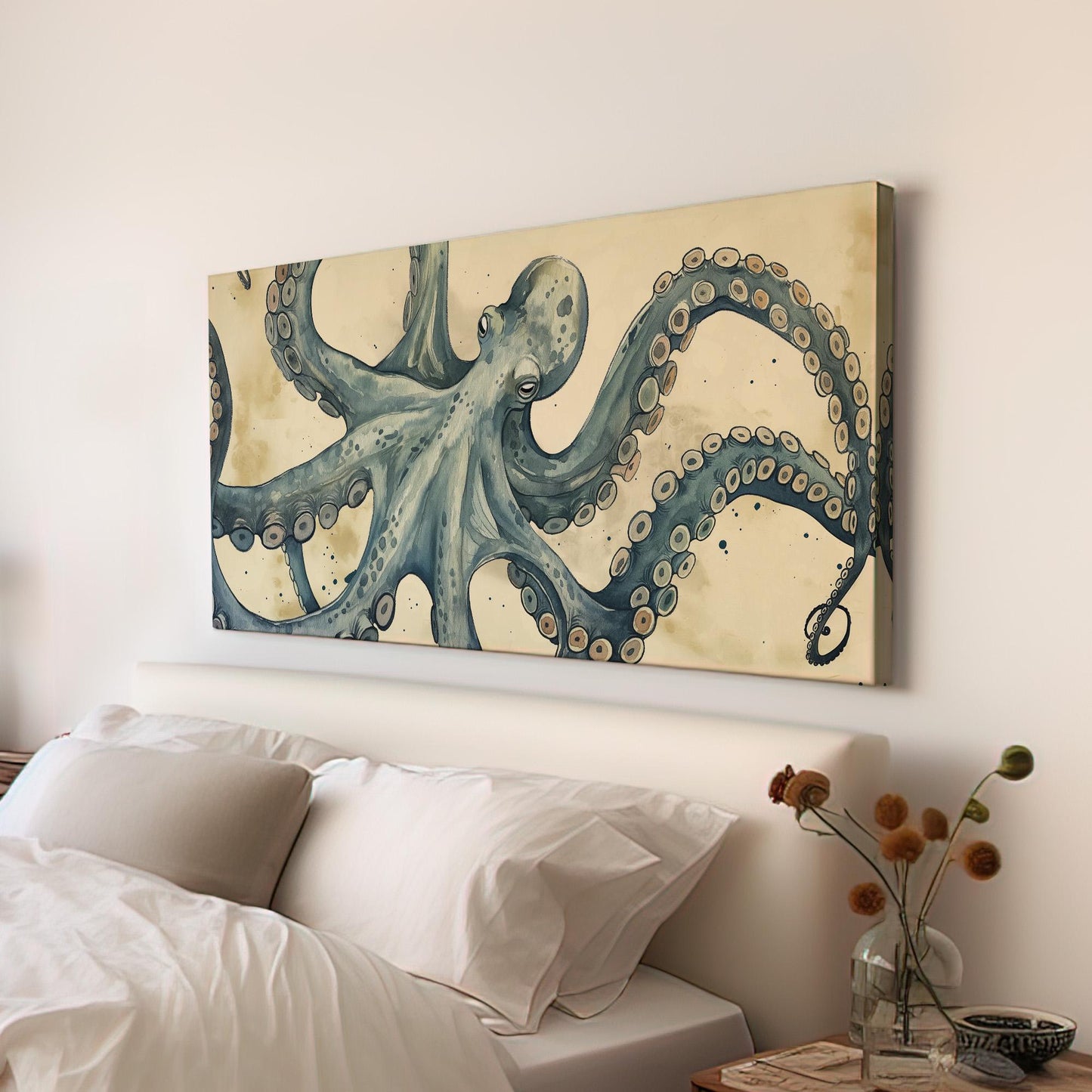 Moody Octopus Canvas Wall Art For Living Room, Landscape Nautical Canvas Print, Beach House Large Canvas Art