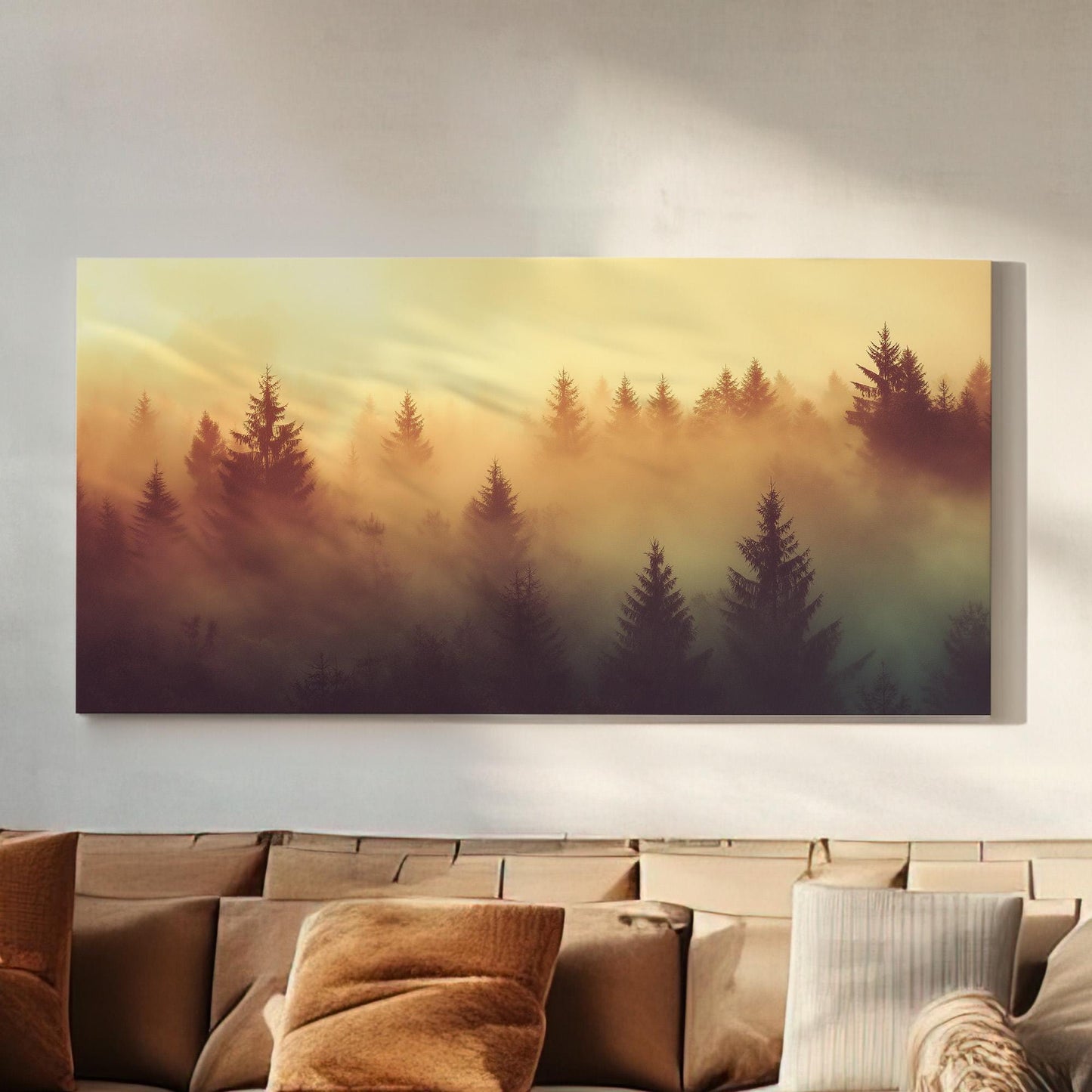 Misty Pine Forest at Dawn Canvas Wall Art For Living Room, Landscape Cozy Autumn Canvas Print, Rustic Fall Large Canvas Art