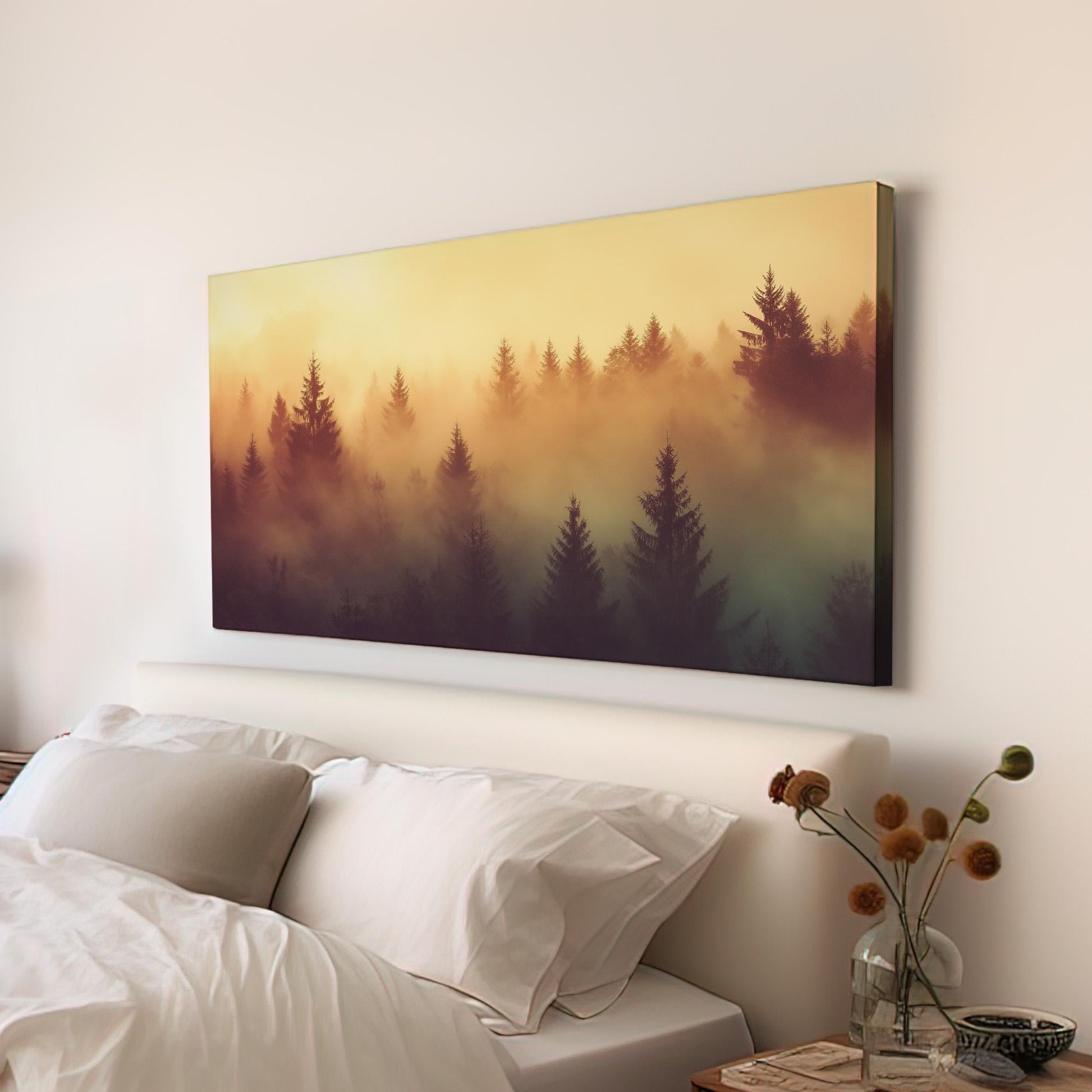 Misty Pine Forest at Dawn Canvas Wall Art For Living Room, Landscape Cozy Autumn Canvas Print, Rustic Fall Large Canvas Art
