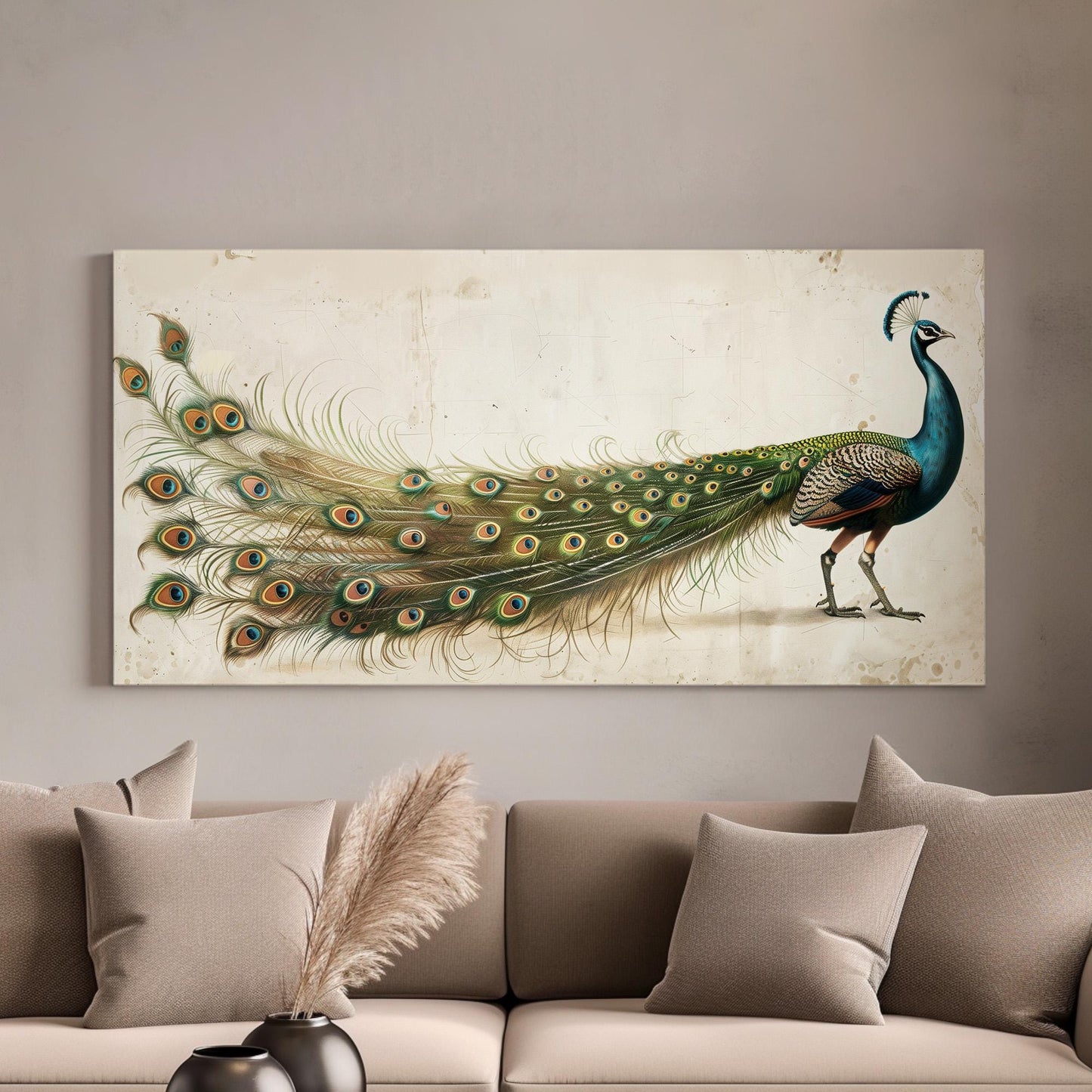 Magnificent Peacock Canvas Wall Art For Living Room, Landscape Antique Canvas Print, Vintage Large Canvas Art