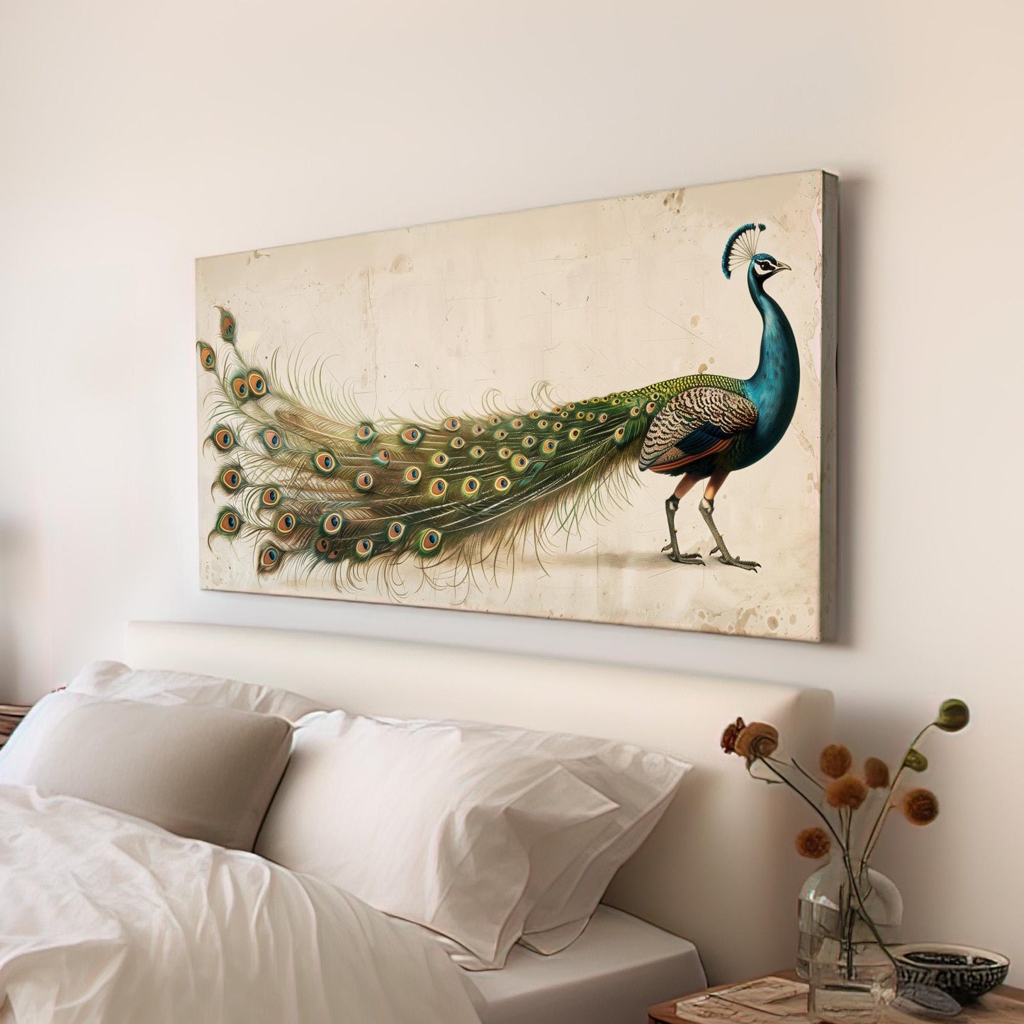 Magnificent Peacock Canvas Wall Art For Living Room, Landscape Antique Canvas Print, Vintage Large Canvas Art