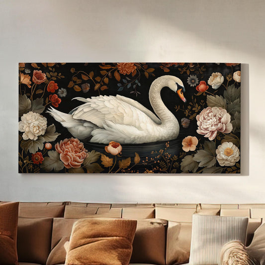 Lone Swan Canvas Wall Art For Living Room, Landscape Farmhouse Canvas Print, Antique Large Canvas Art