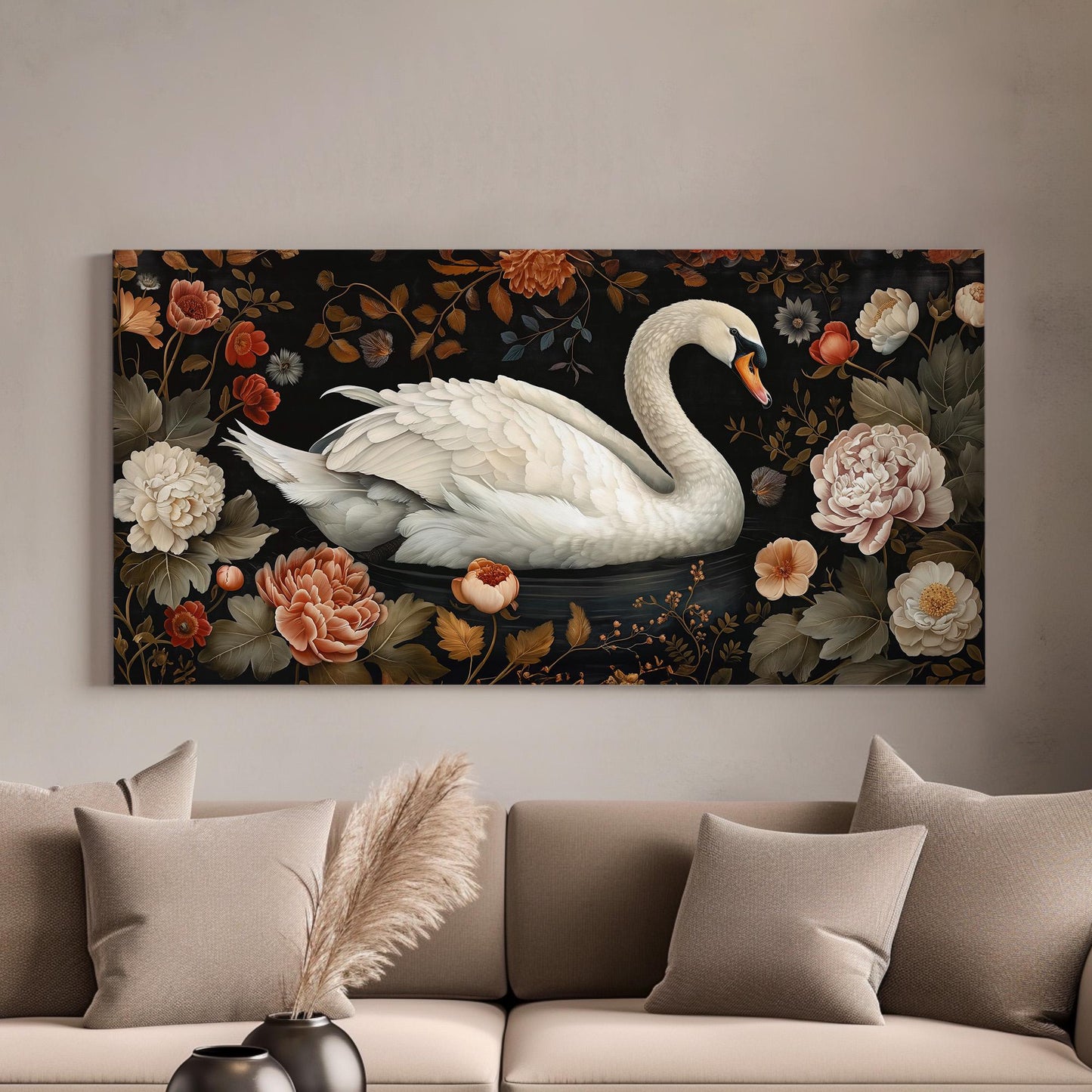 Lone Swan Canvas Wall Art For Living Room, Landscape Farmhouse Canvas Print, Antique Large Canvas Art