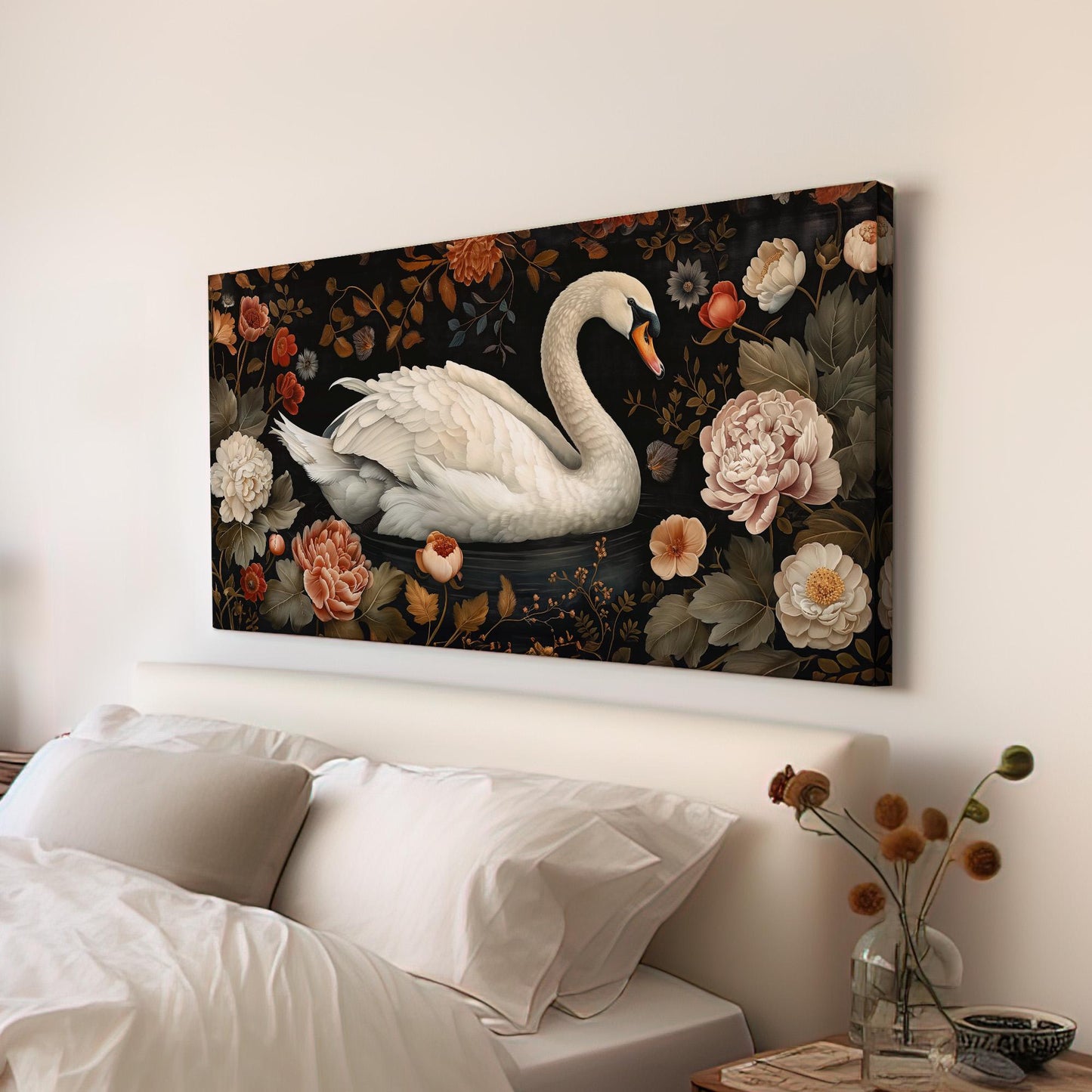 Lone Swan Canvas Wall Art For Living Room, Landscape Farmhouse Canvas Print, Antique Large Canvas Art
