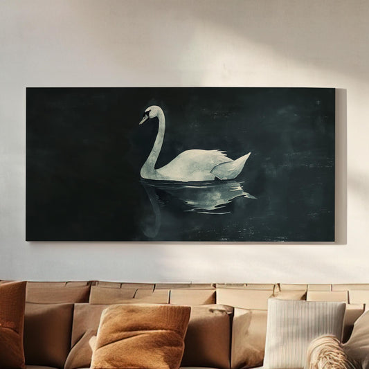 Lone Swan at Night Canvas Wall Art For Living Room, Landscape Farmhouse Canvas Print, Antique Large Canvas Art