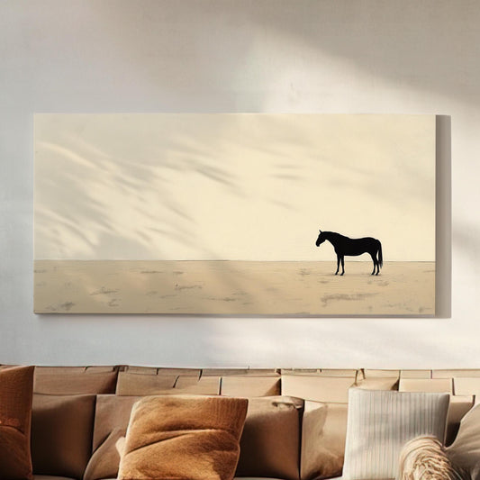 Lone Horse On Praire Canvas Wall Art For Living Room, Landscape Beige Canvas Print, Horse Farm Large Canvas Art