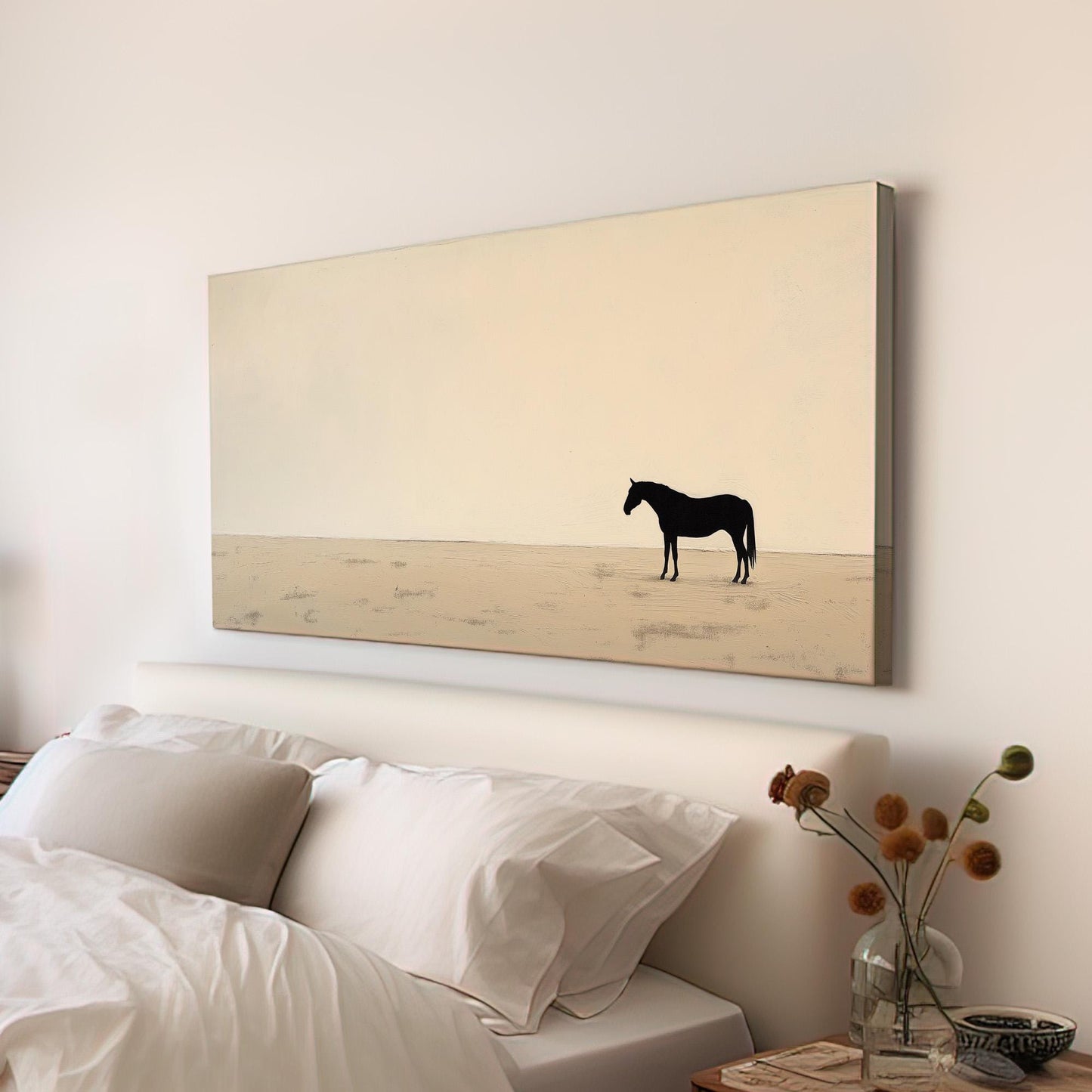 Lone Horse On Praire Canvas Wall Art For Living Room, Landscape Beige Canvas Print, Horse Farm Large Canvas Art