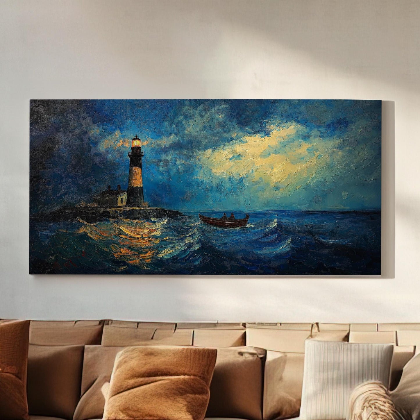 Lighthouse With A Boat Canvas Wall Art For Living Room, Landscape Boathouse Canvas Print, Sea Coast Large Canvas Art