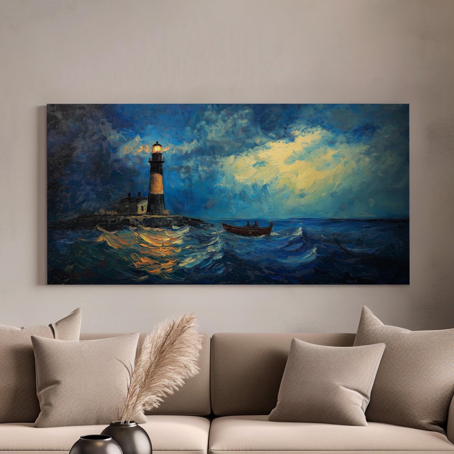 Lighthouse With A Boat Canvas Wall Art For Living Room, Landscape Boathouse Canvas Print, Sea Coast Large Canvas Art
