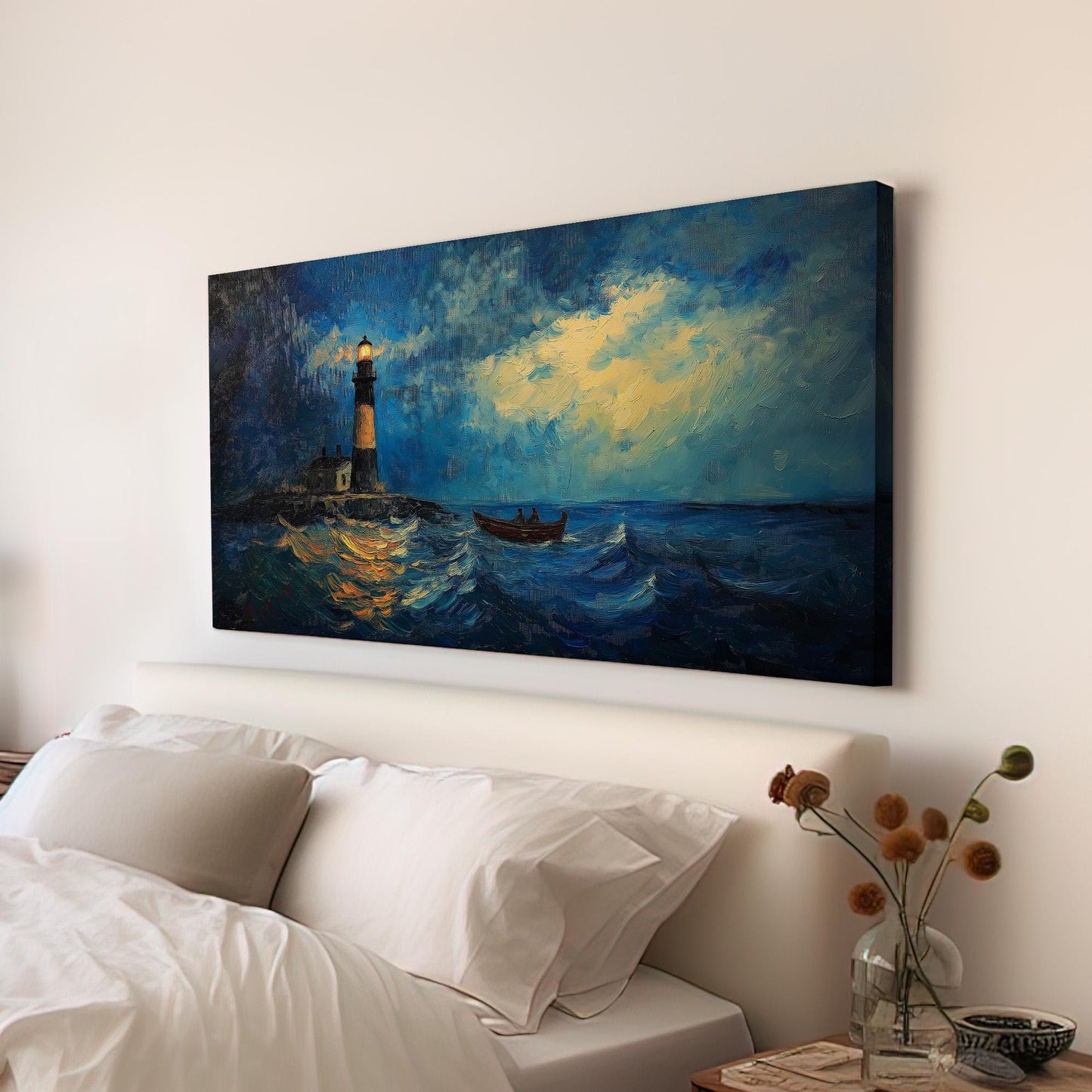 Lighthouse With A Boat Canvas Wall Art For Living Room, Landscape Boathouse Canvas Print, Sea Coast Large Canvas Art