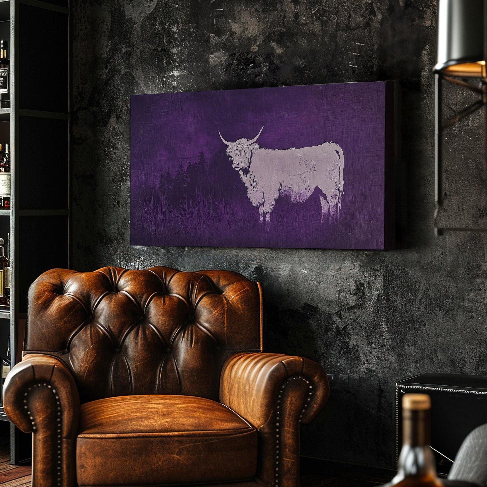 Highland Cow On The Purple Field Canvas Wall Art For Living Room, Landscape Boho Canvas Print, Rustic Large Canvas Art