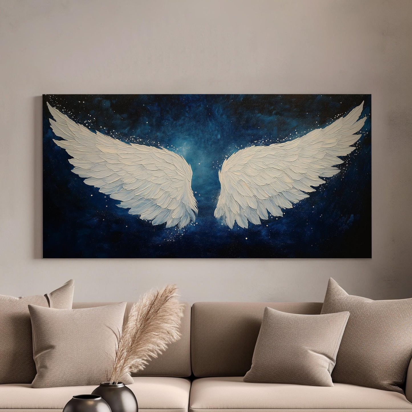 Angel Wing Starry Sky Canvas Wall Art For Bedroom, Landscape Blessed Canvas Print, Modern Large Canvas Art