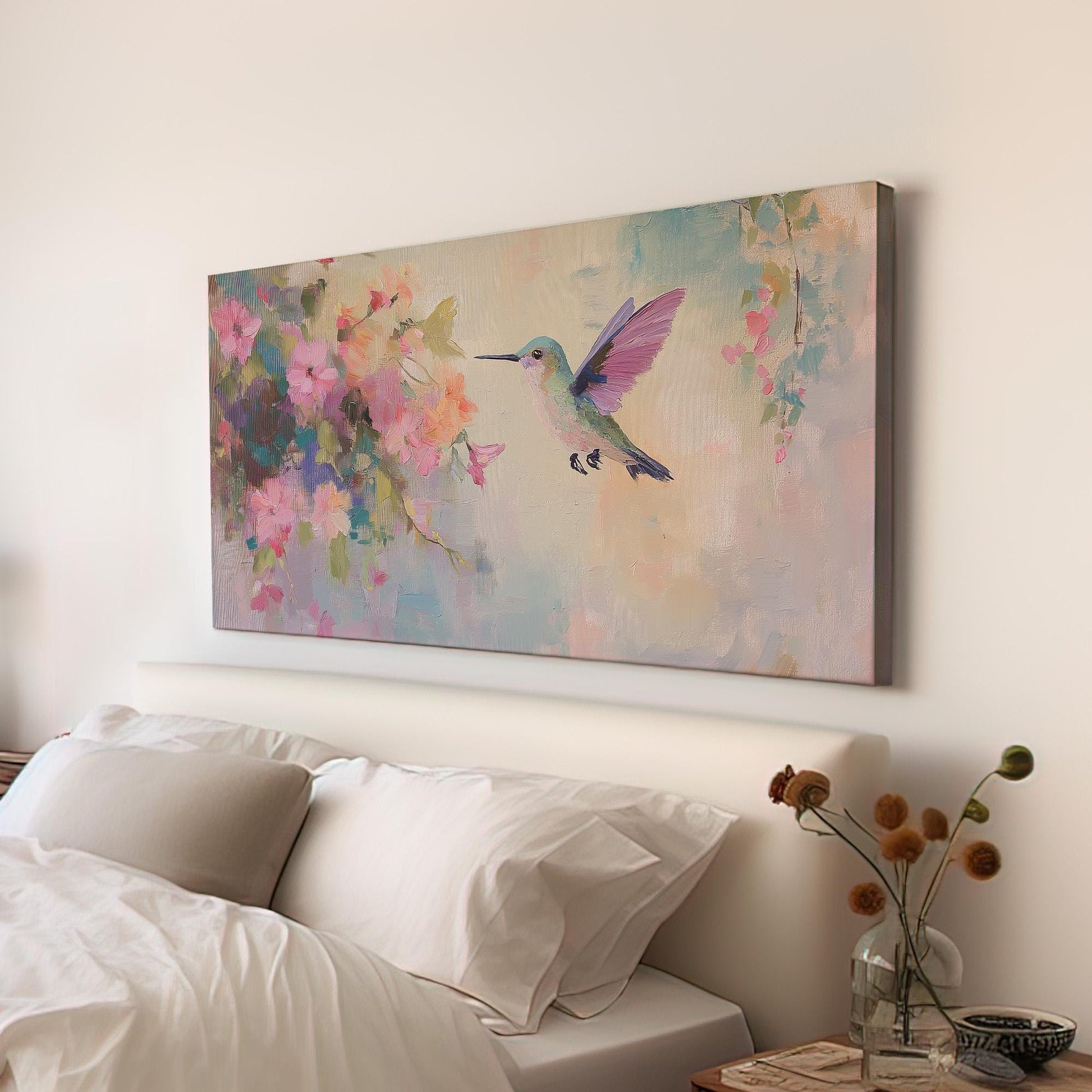 Abstract Hummingbird Canvas Wall Art For Bedroom, Landscape Rustic Canvas Print, Colibri Large Canvas Art