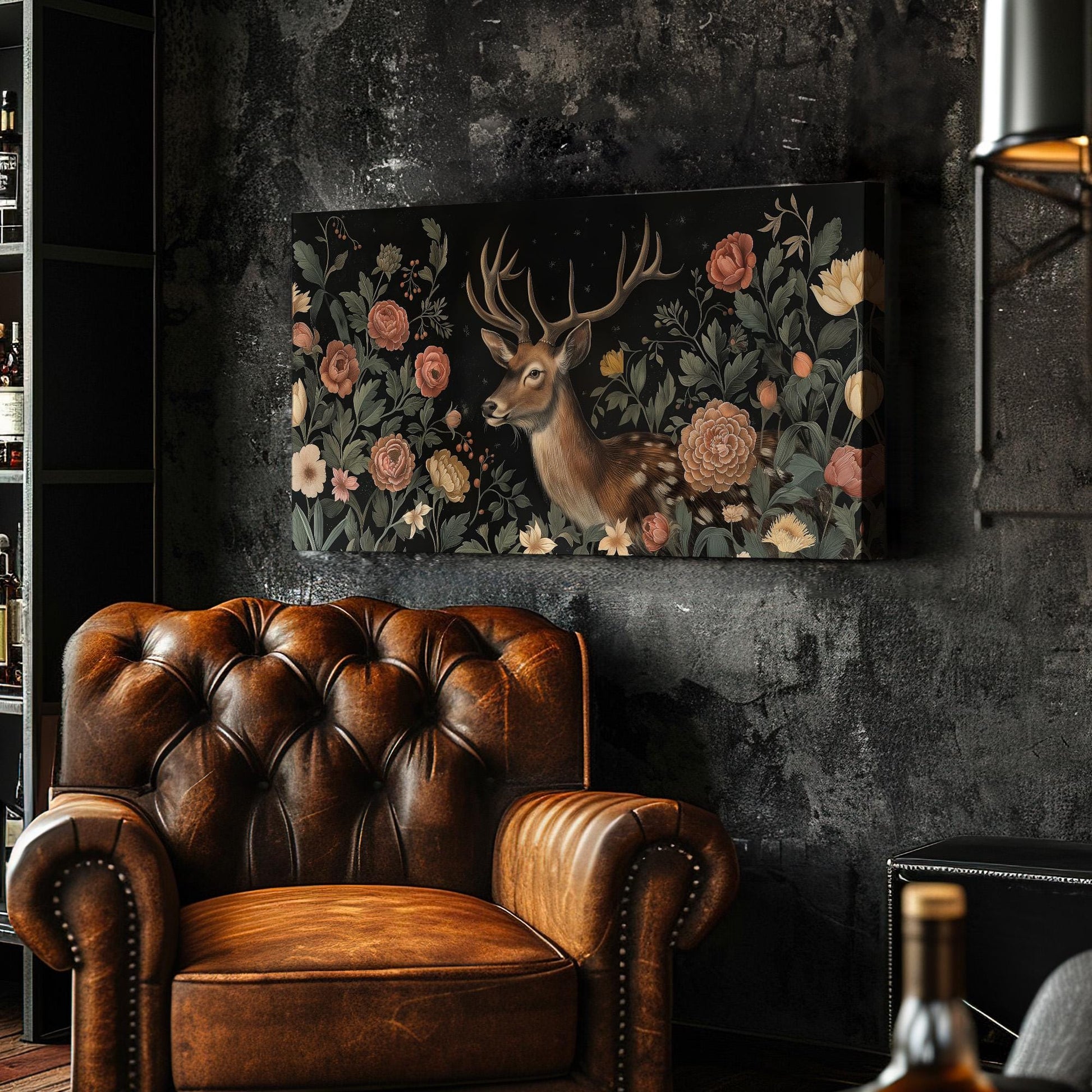 Flowers Around a Deer Canvas Wall Art For Living Room, Landscape Floral Canvas Print, Antlers Large Canvas Art
