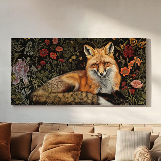 Fox In The Forest Canvas Wall Art For Living Room, Landscape Colorful Flowers Canvas Print, Renaissance Large Canvas Art