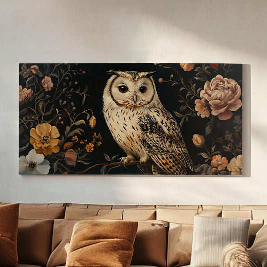 Owl In the Garden Canvas Wall Art For Living Room, Landscape Contemporary Canvas Print, Cottagecore Forest Large Canvas Art
