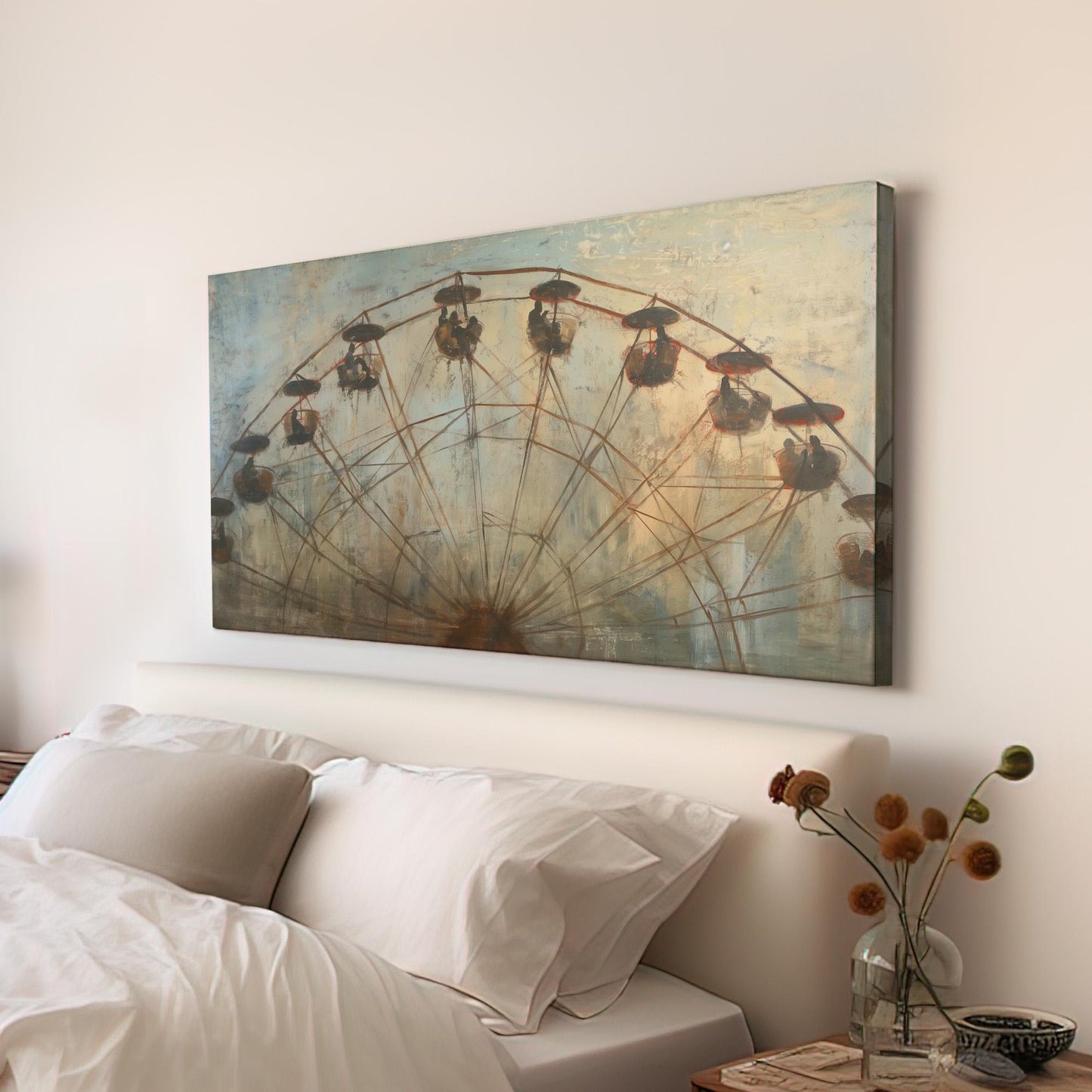 Vintage Ferris Wheel Canvas Wall Art For Living Room, Landscape Amusement Park Canvas Print, Rustic Americana Large Canvas Art