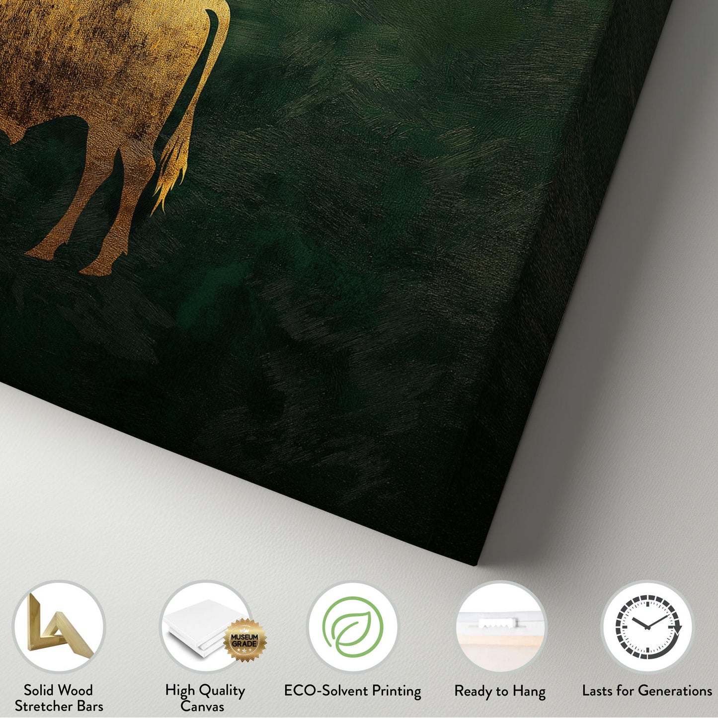 Vintage Gold Highland Cow Canvas Wall Art For Living Room, Landscape Dark Green Canvas Print, Rustic Large Canvas Art