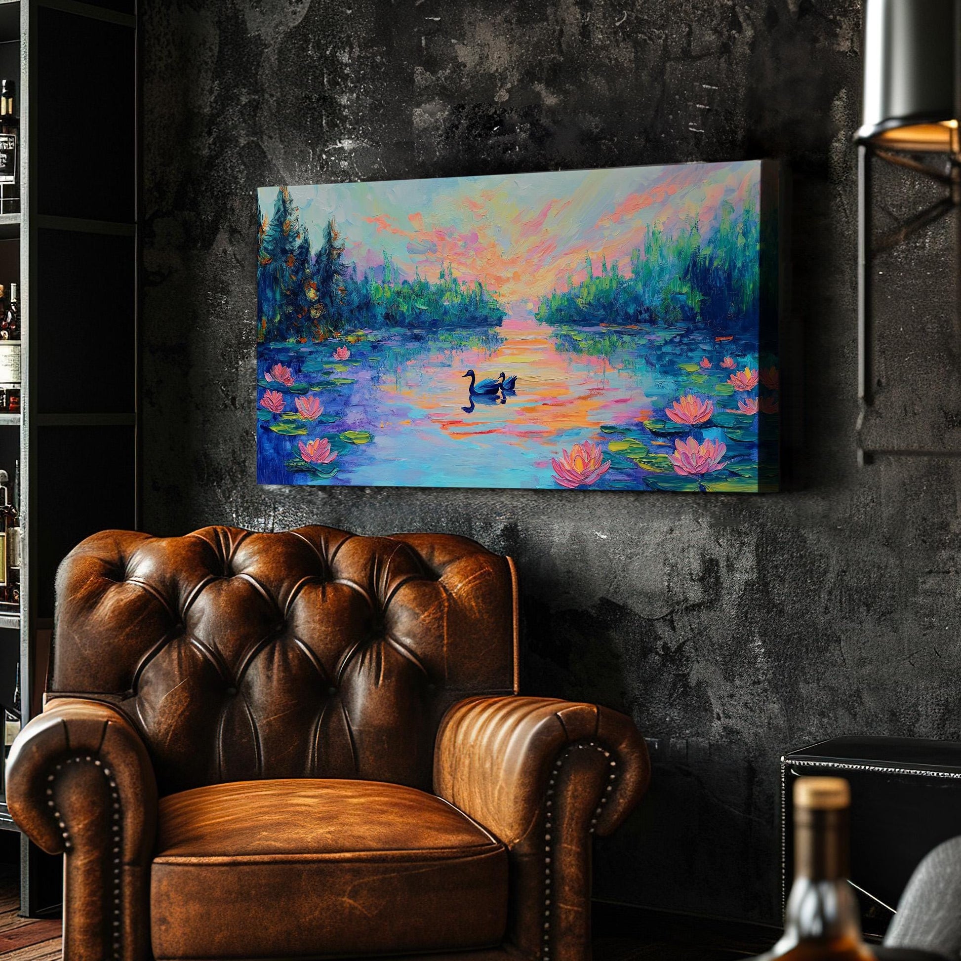 Beautiful Colors at the Lotus Lake Canvas Wall Art For Bedroom, Landscape Quiet Pond Canvas Print, Tranquil Large Canvas Art