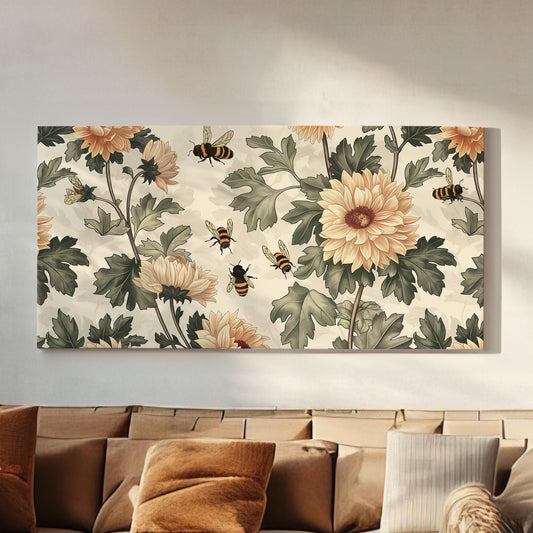 Bees Around Chrysanthemums Canvas Wall Art For Bedroom, Landscape Floral Canvas Print, Renaissance Large Canvas Art