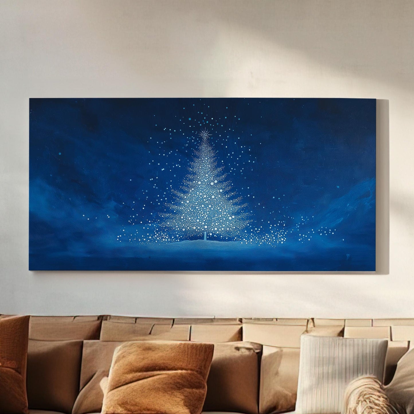 Blue Christmas Tree Canvas Wall Art For Living Room, Landscape Winter Canvas Print, Farmhouse Large Canvas Art