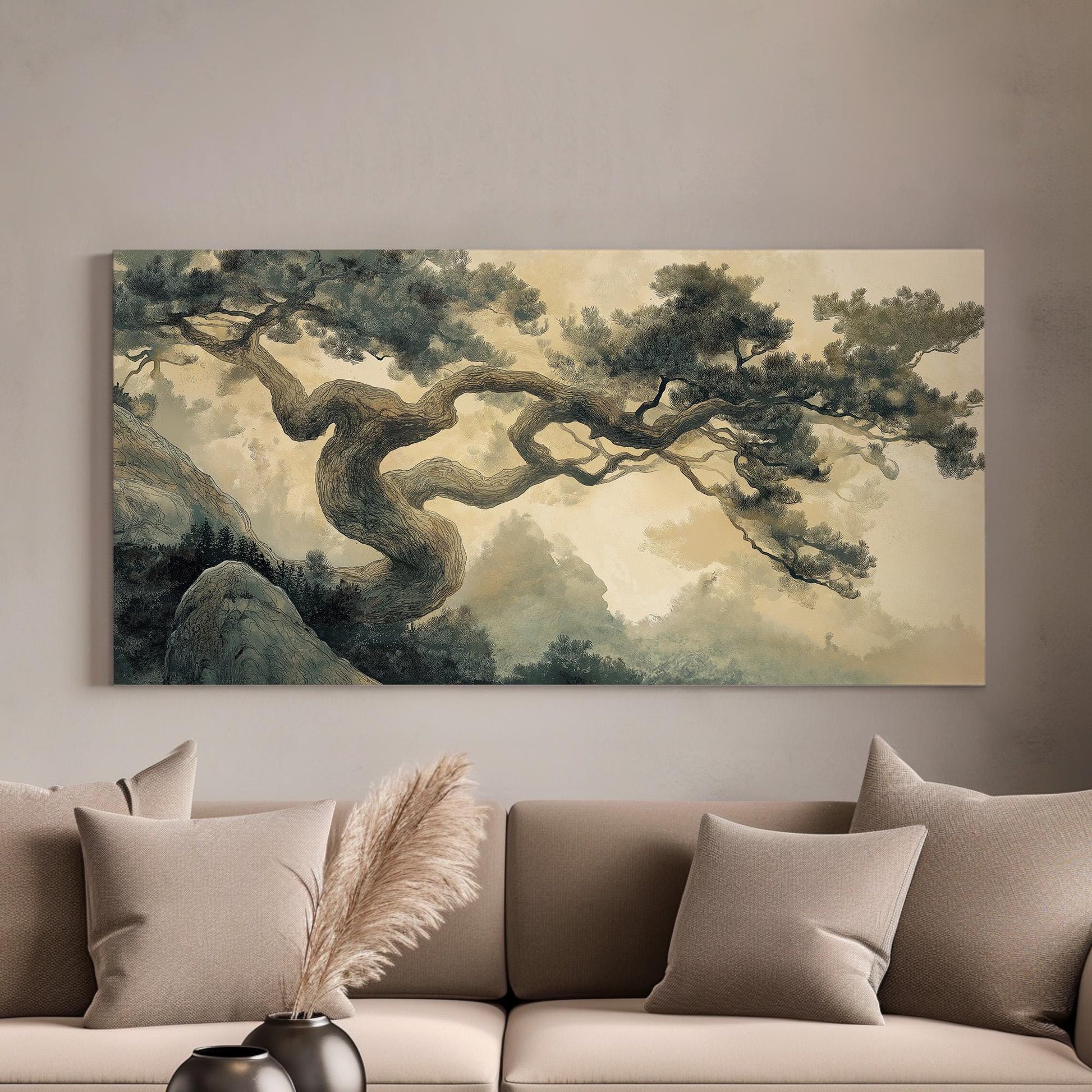 Earthy Bonsai Canvas Wall Art For Living Room, Landscape Botanical Canvas Print, Muted Colors Sephia Large Canvas Art