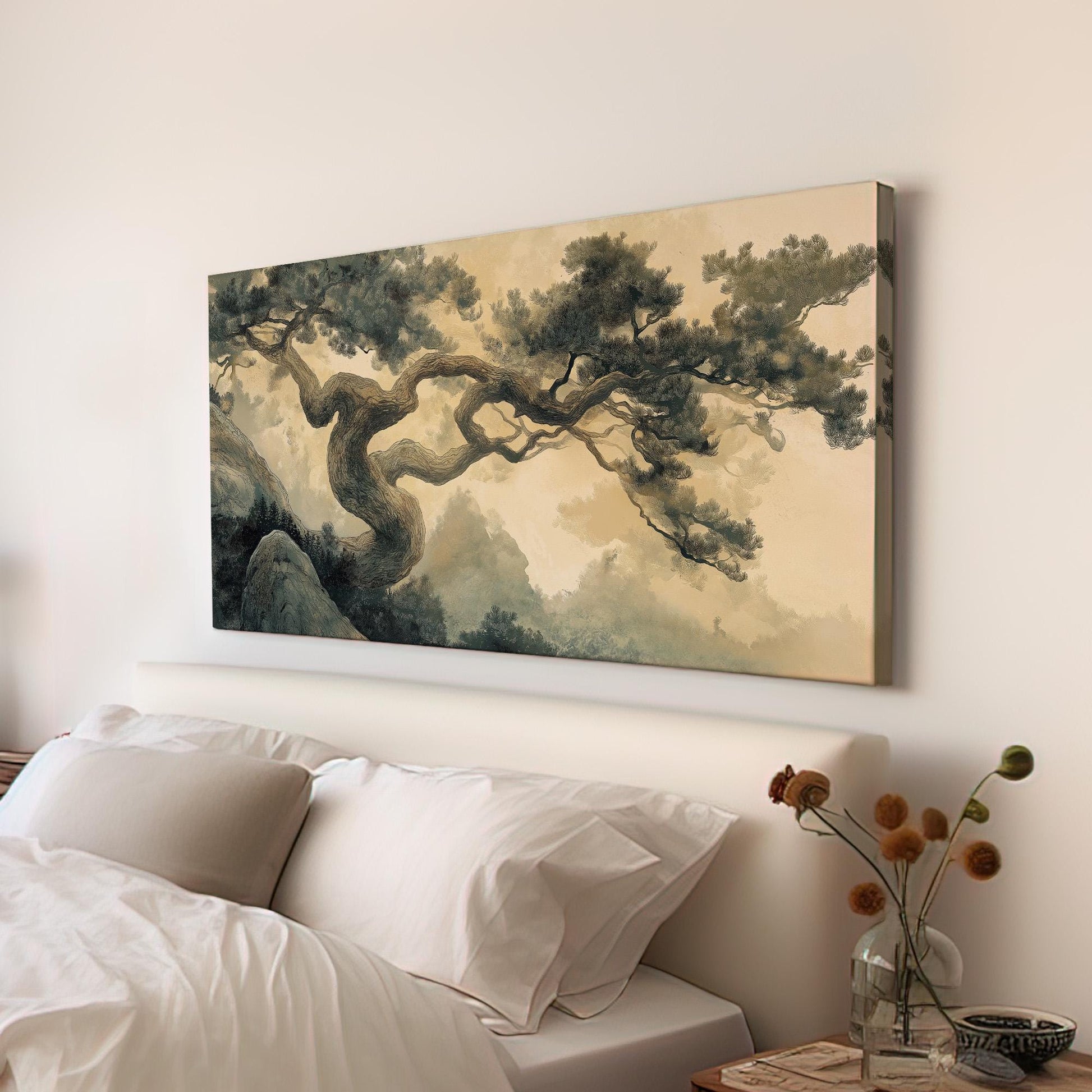 Earthy Bonsai Canvas Wall Art For Living Room, Landscape Botanical Canvas Print, Muted Colors Sephia Large Canvas Art
