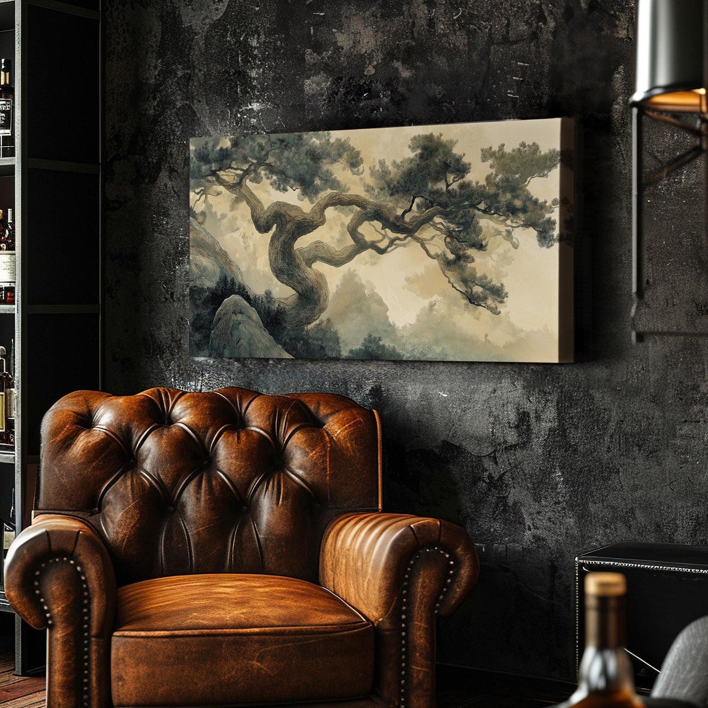 Earthy Bonsai Canvas Wall Art For Living Room, Landscape Botanical Canvas Print, Muted Colors Sephia Large Canvas Art