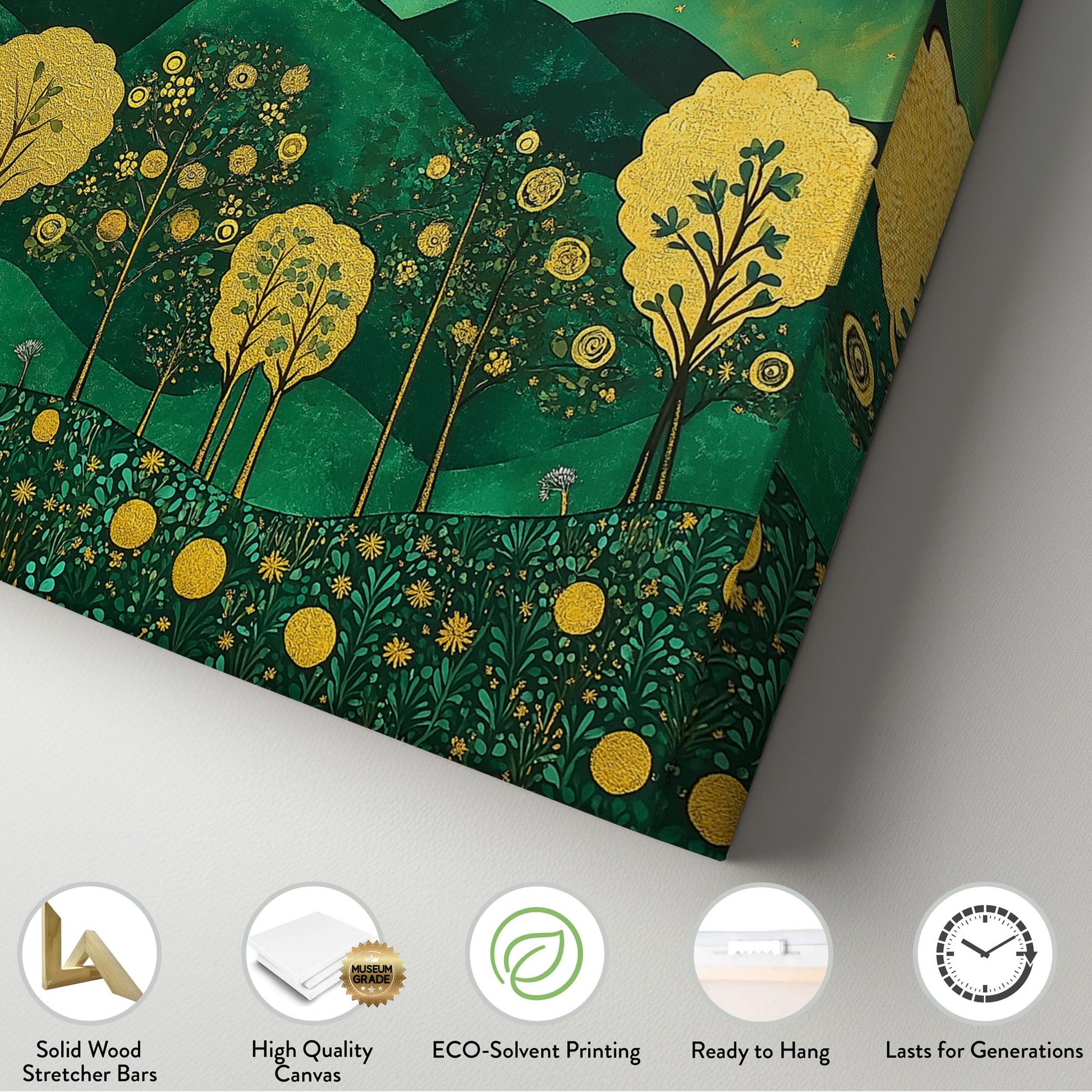 Emerald Green And Gold Landscape Wall Art For Living Room, Landscape Beautiful Landscape Canvas Print, Rustic Country Large Canvas Art