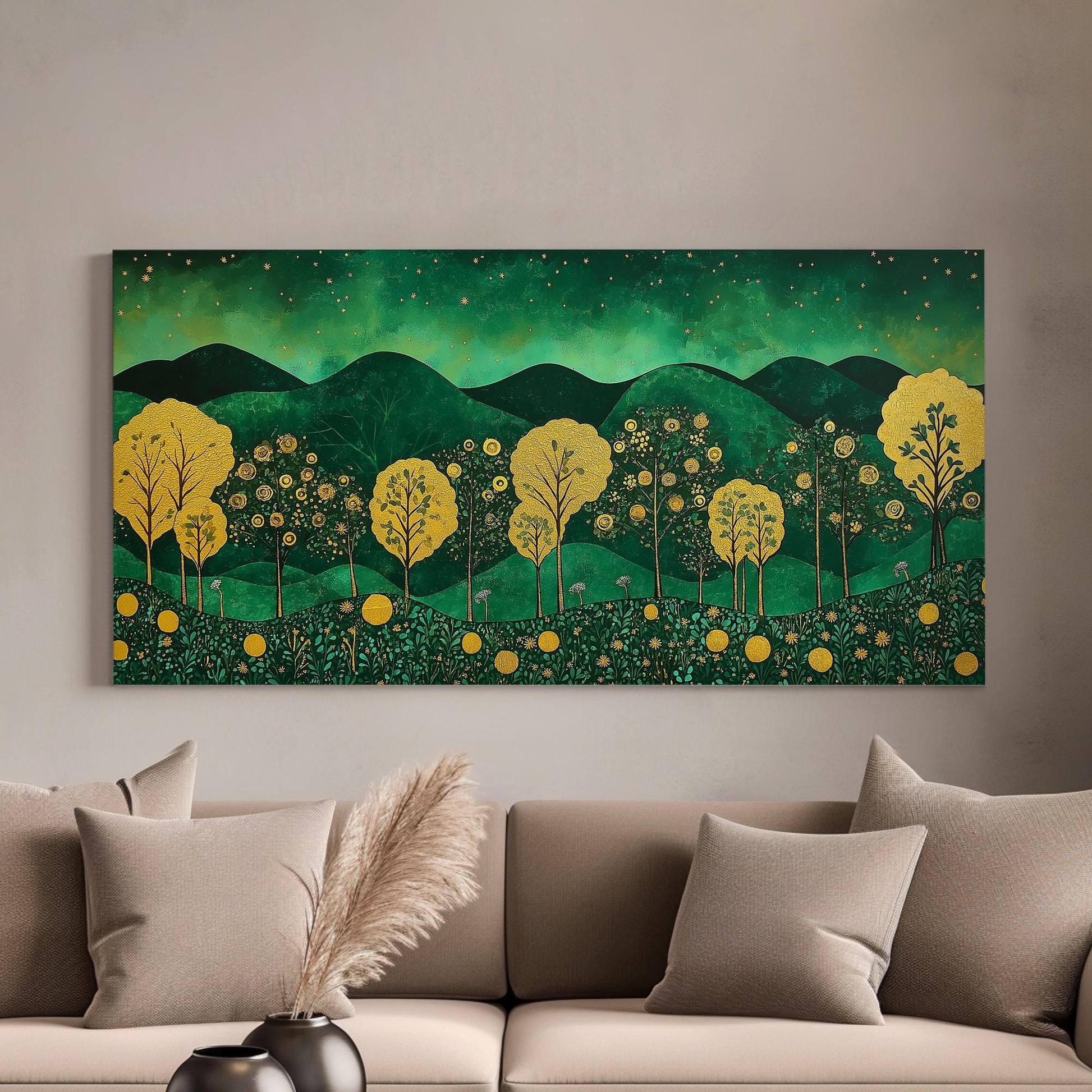 Emerald Green And Gold Landscape Wall Art For Living Room, Landscape Beautiful Landscape Canvas Print, Rustic Country Large Canvas Art